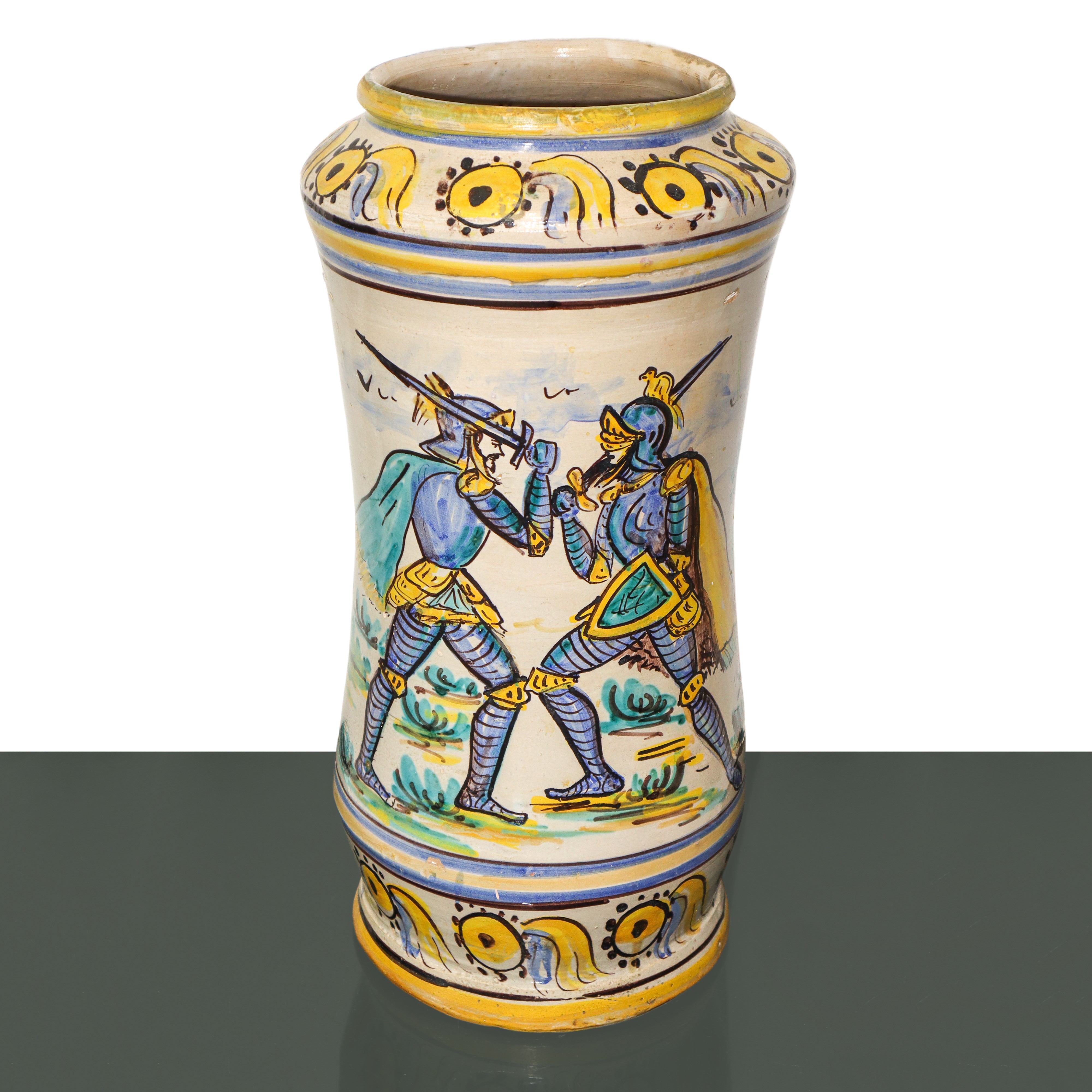 Grande cilindro in maiolica di Caltagirone dipinto policromo con raffigurazione di pupi siciliani