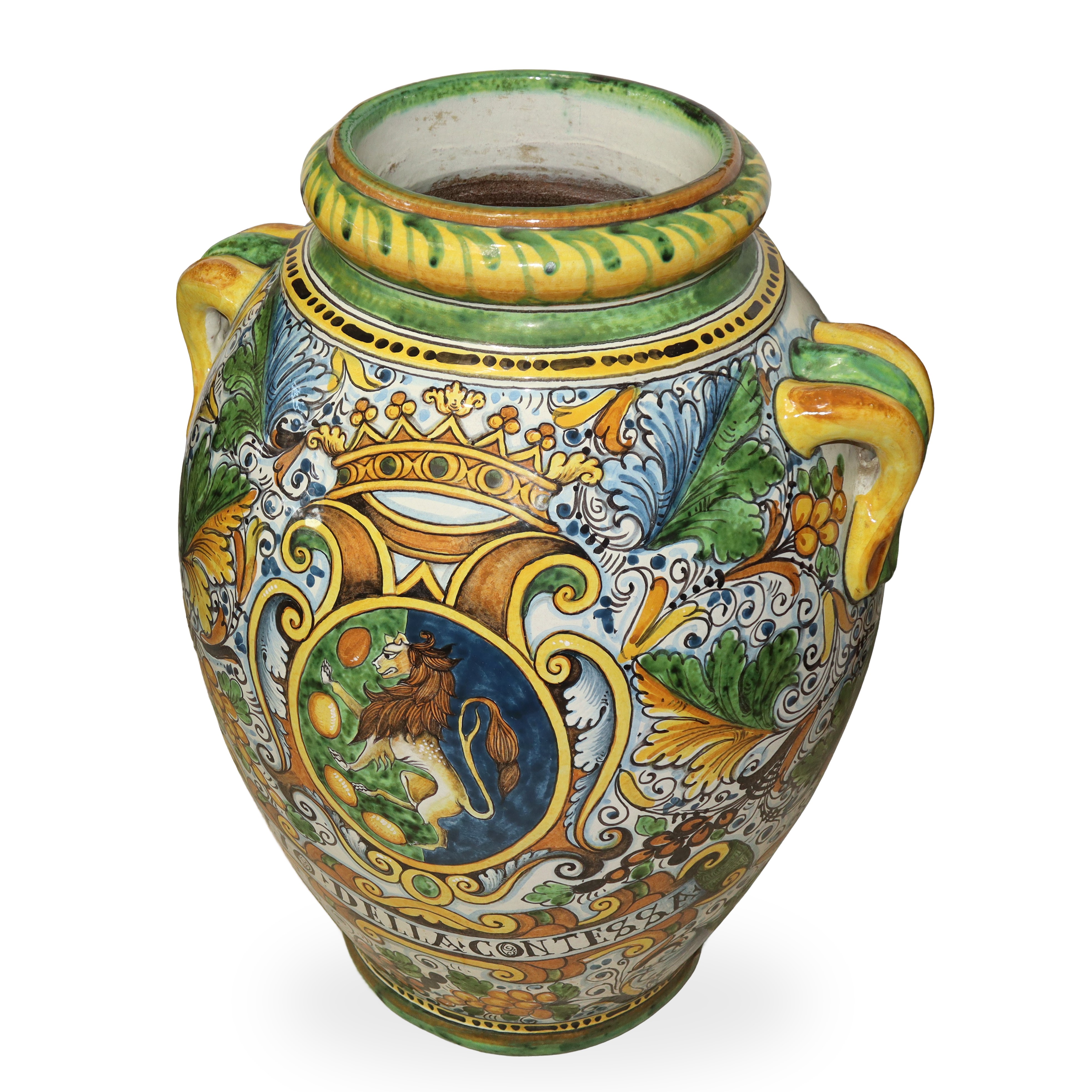 Deruta - Grande vaso policromo con prese laterali e stemma