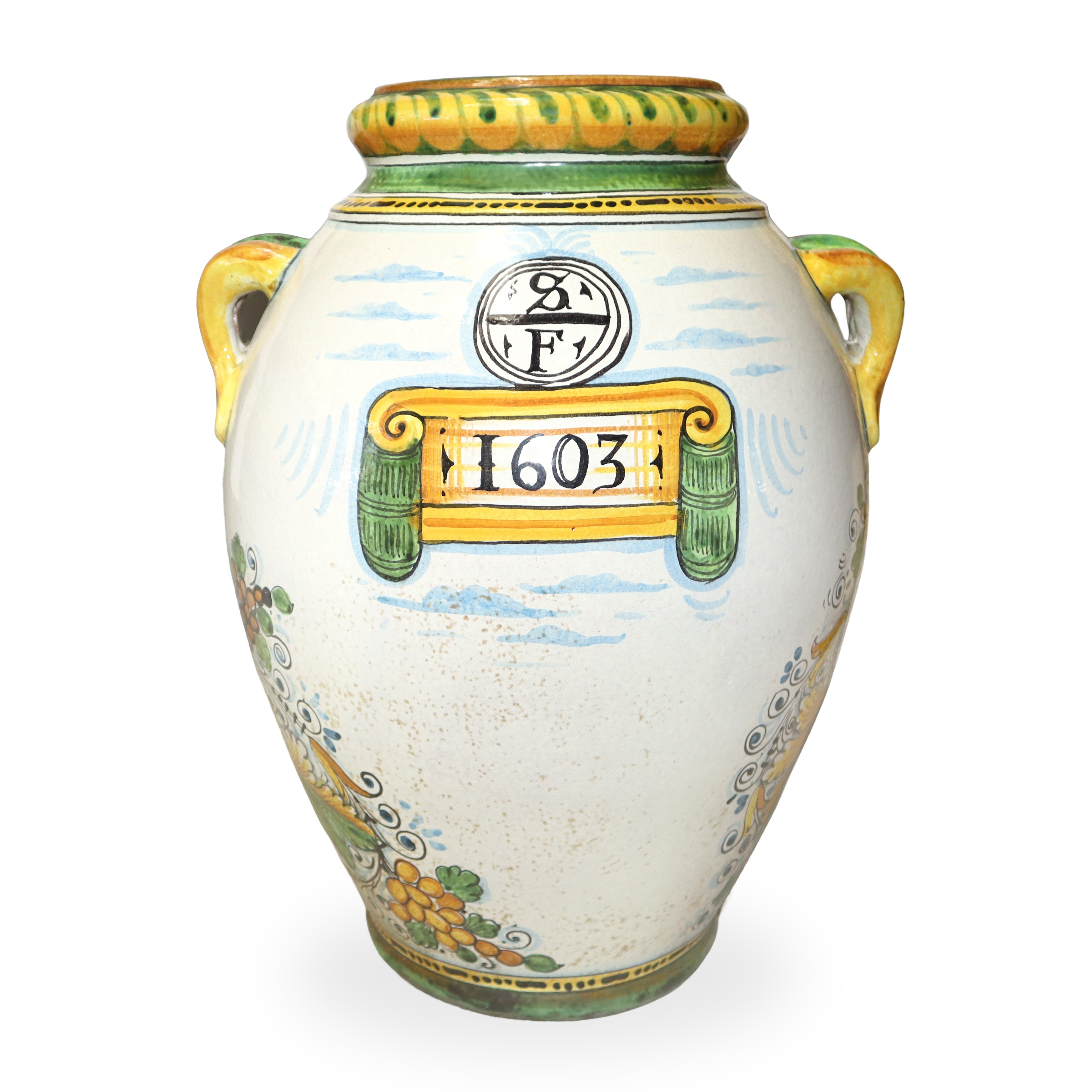 Deruta - Grande vaso policromo con prese laterali e stemma