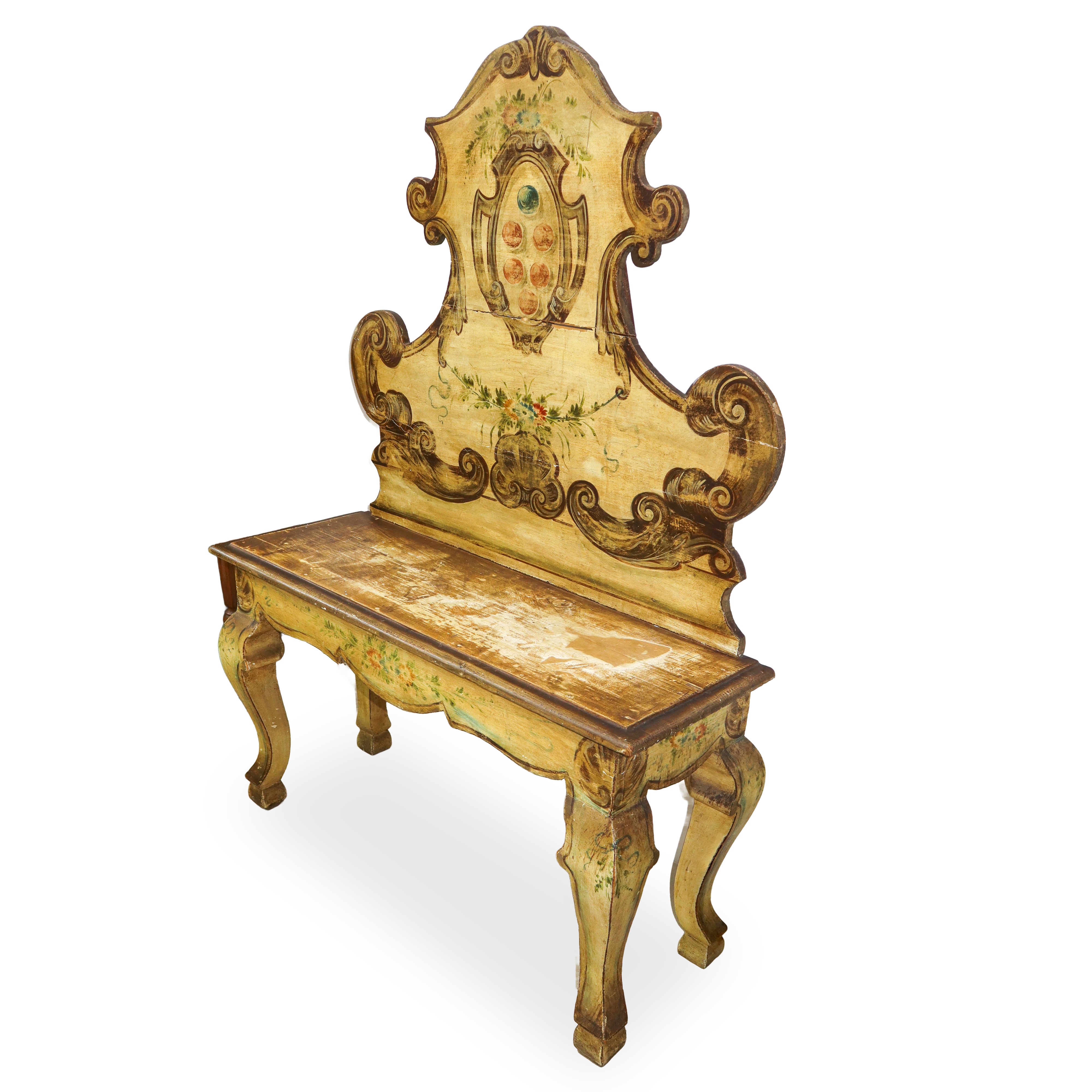 Panca con alzata laccata e dipinta con stemma centrale