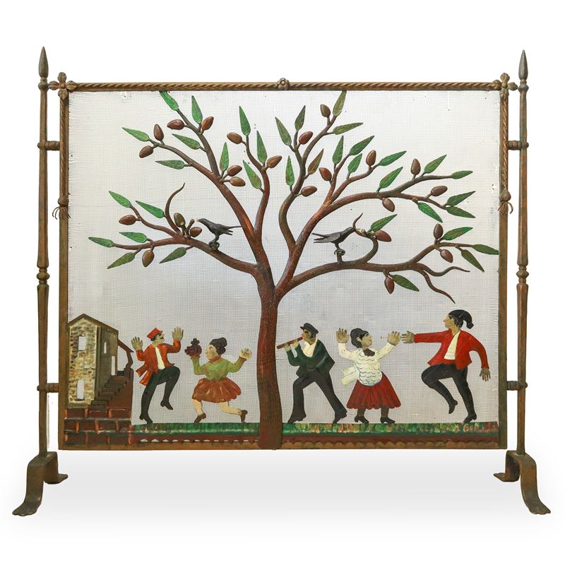 Parascintille in ferro battuto con raffigurazione di un albero e personaggi