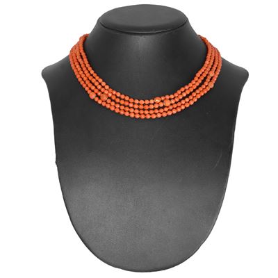 Collana in sfere di corallo mediterraneo sfaccettate con intercalari in oro, lunghezza 188 cm