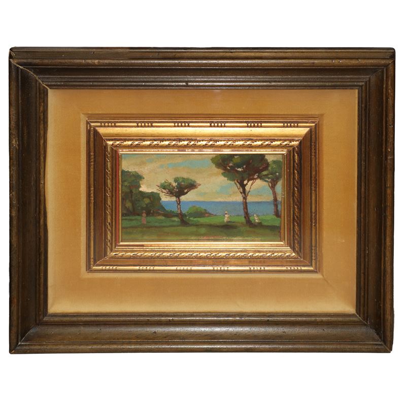 Prato con alberi e personaggi sul mare