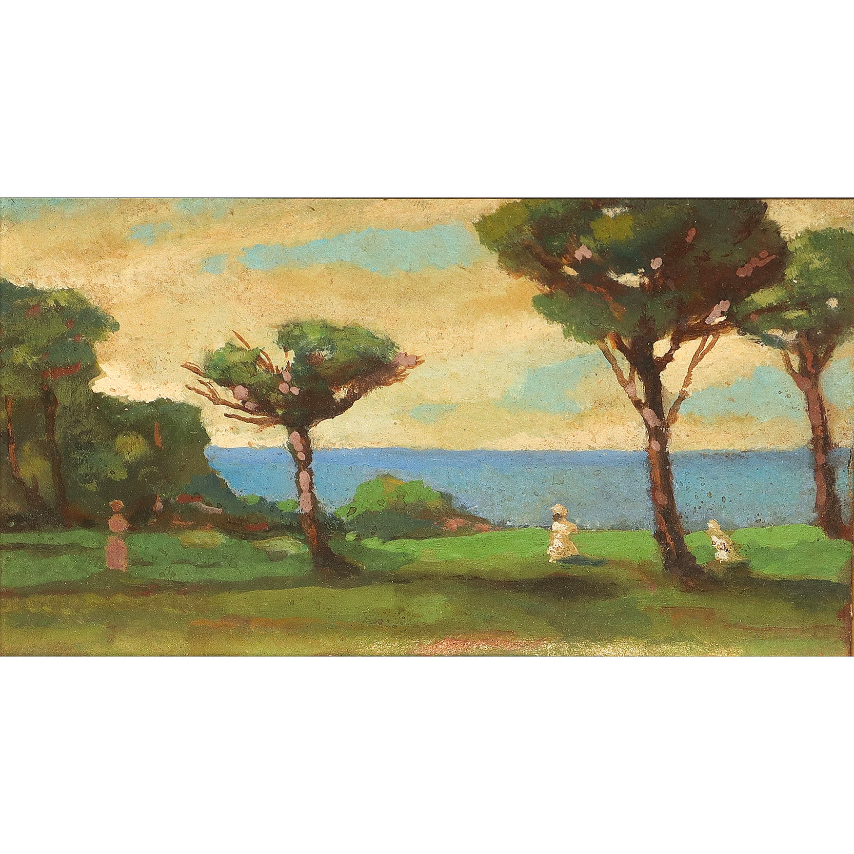 Prato con alberi e personaggi sul mare