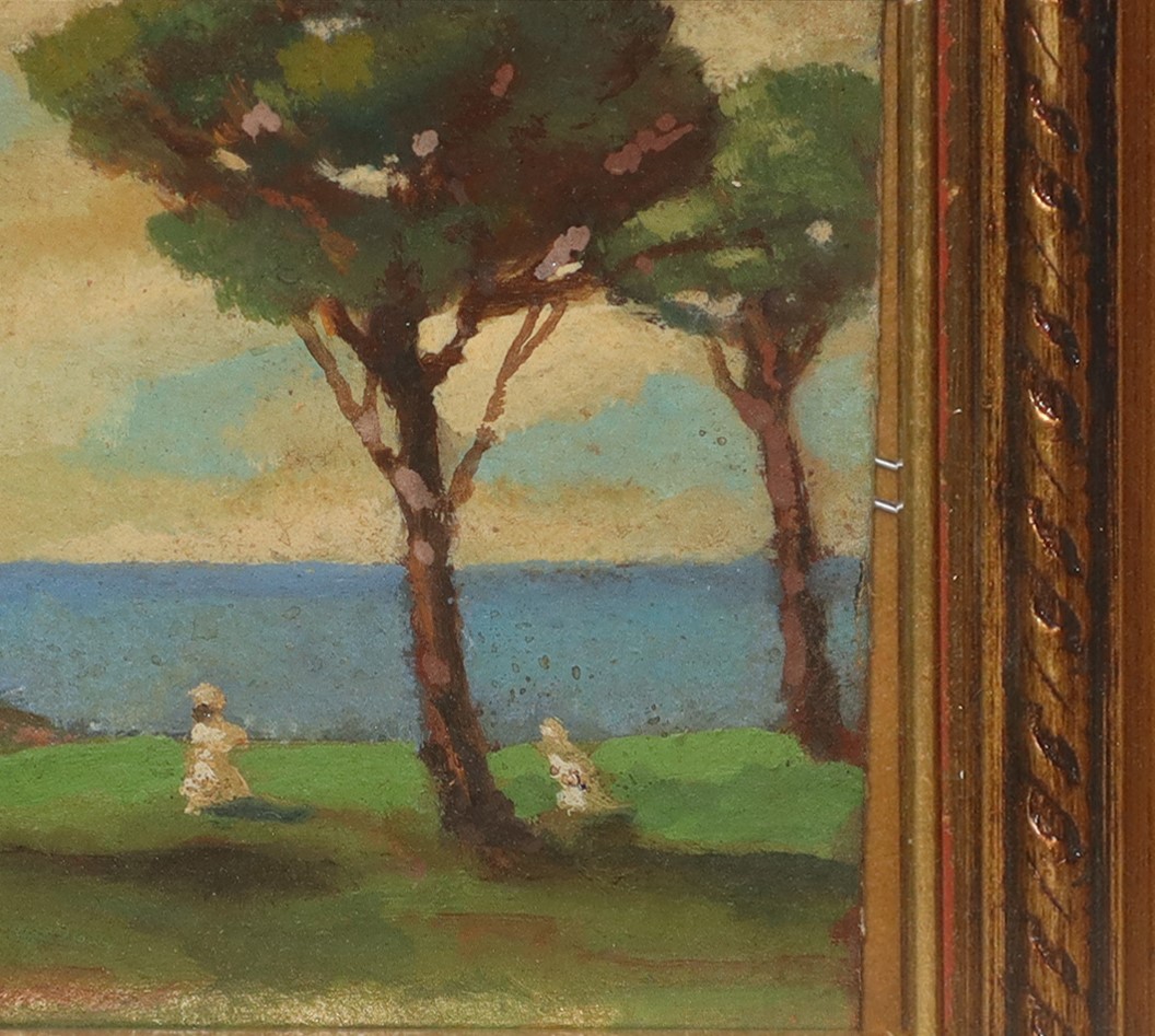 Prato con alberi e personaggi sul mare