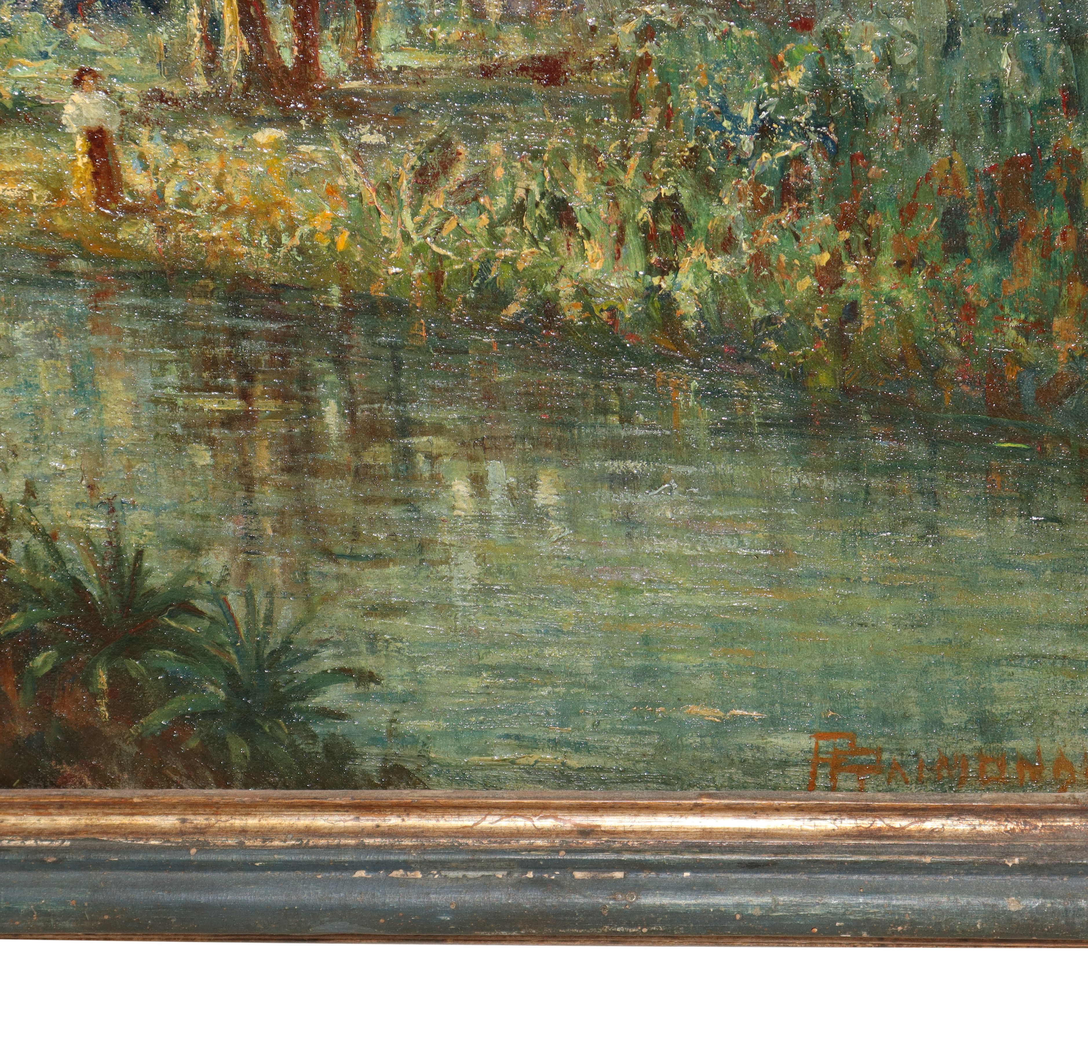 Paesaggio fluviale con casa e alberi