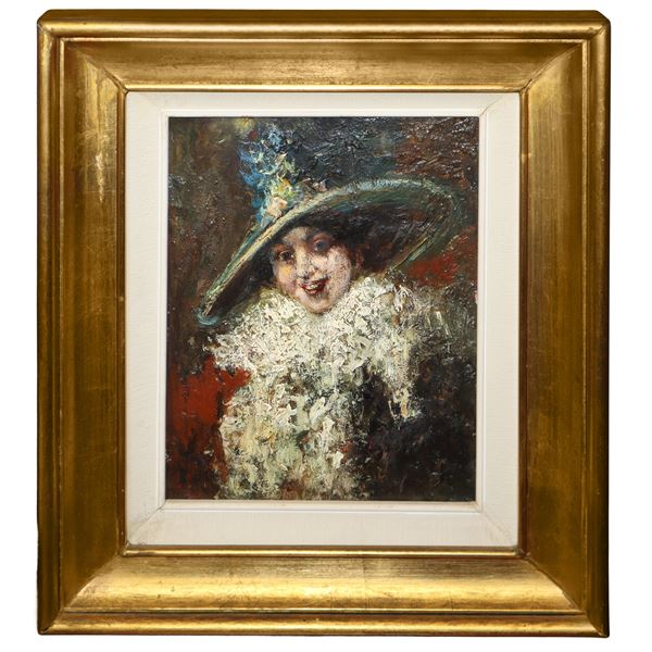 Antonio Mancini - Portrait of a woman with a hat