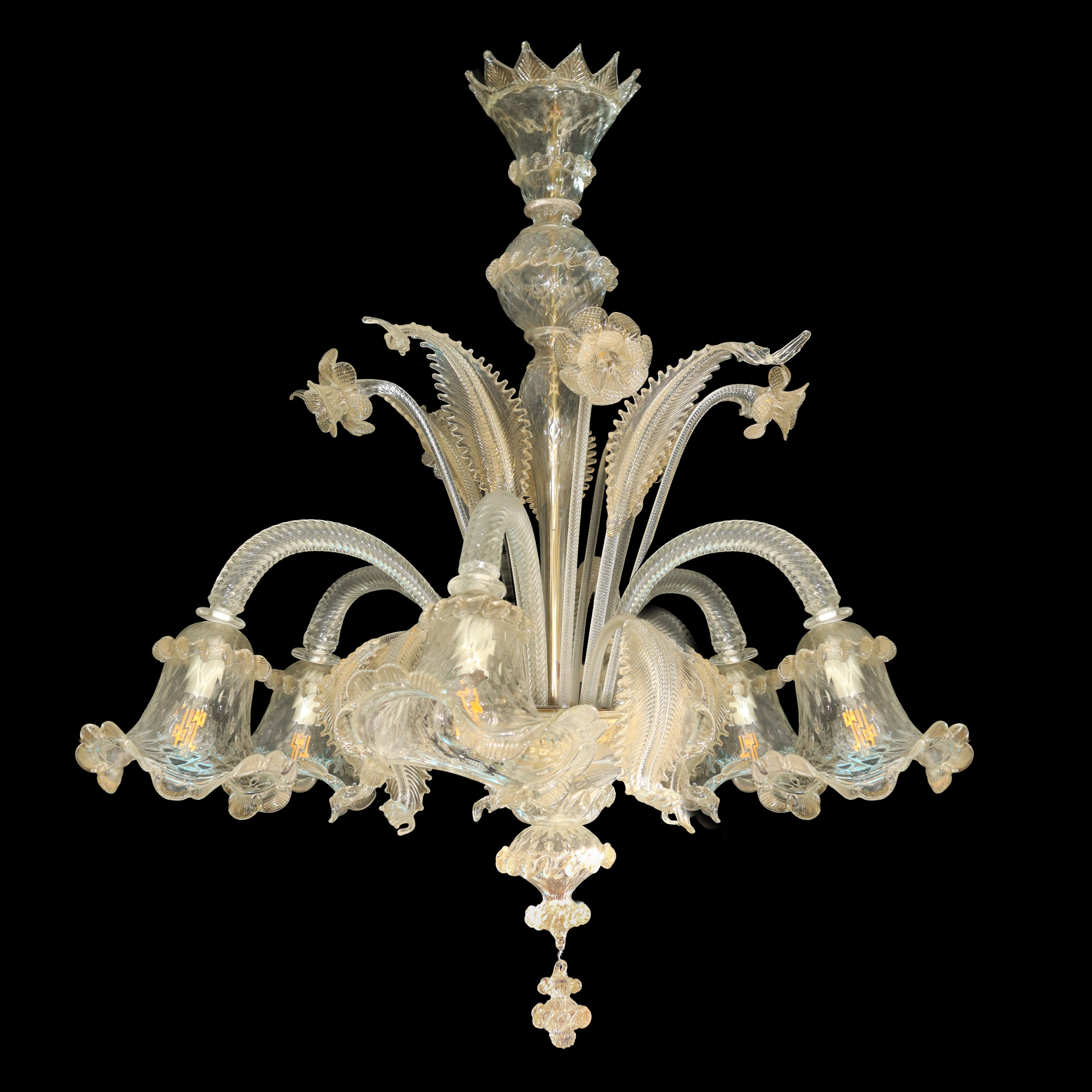 Lampadario in vetro di Murano a 6 luci in vetro trasparente