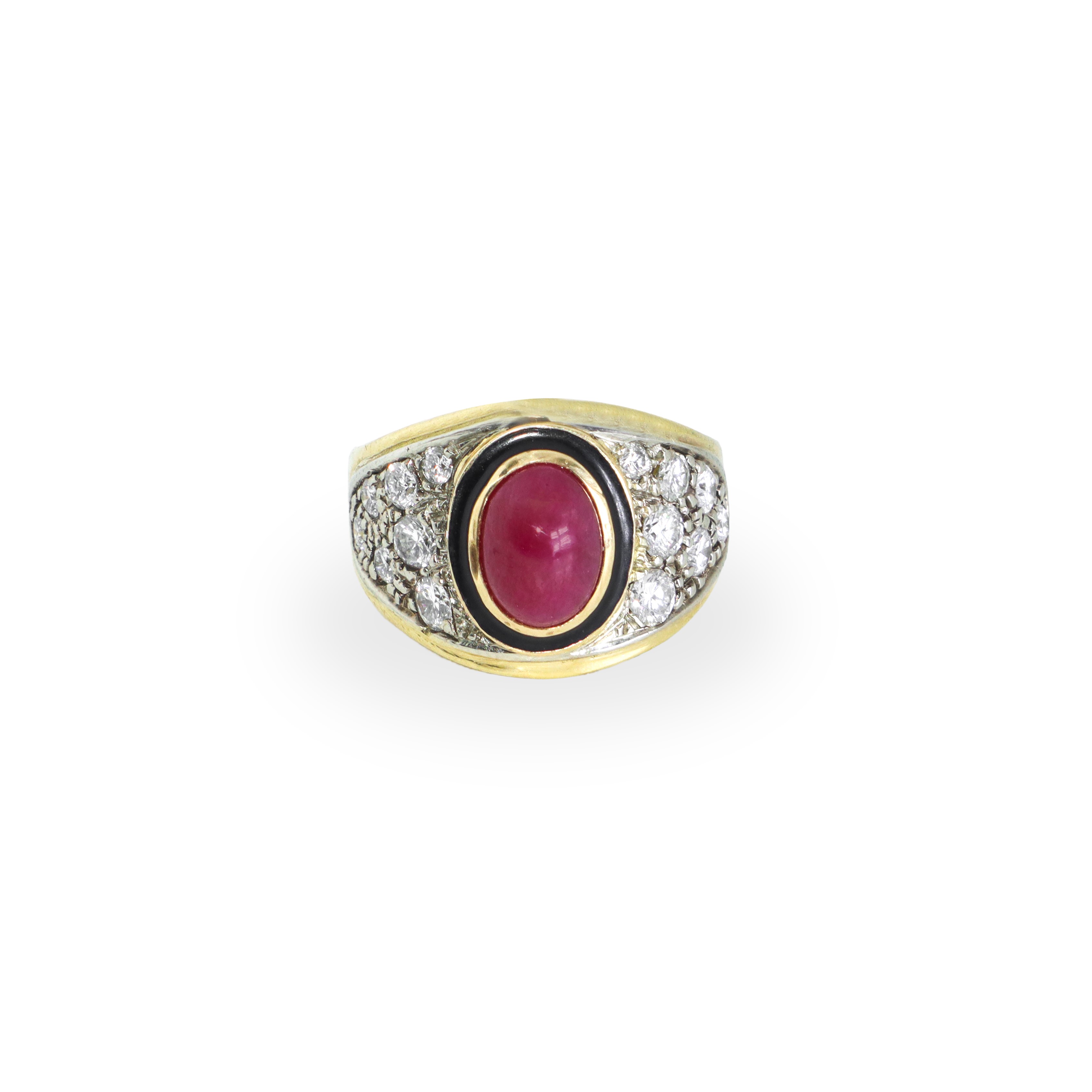 Anello a fascia in oro giallo 750 con pavè di brillanti e rubino centrale