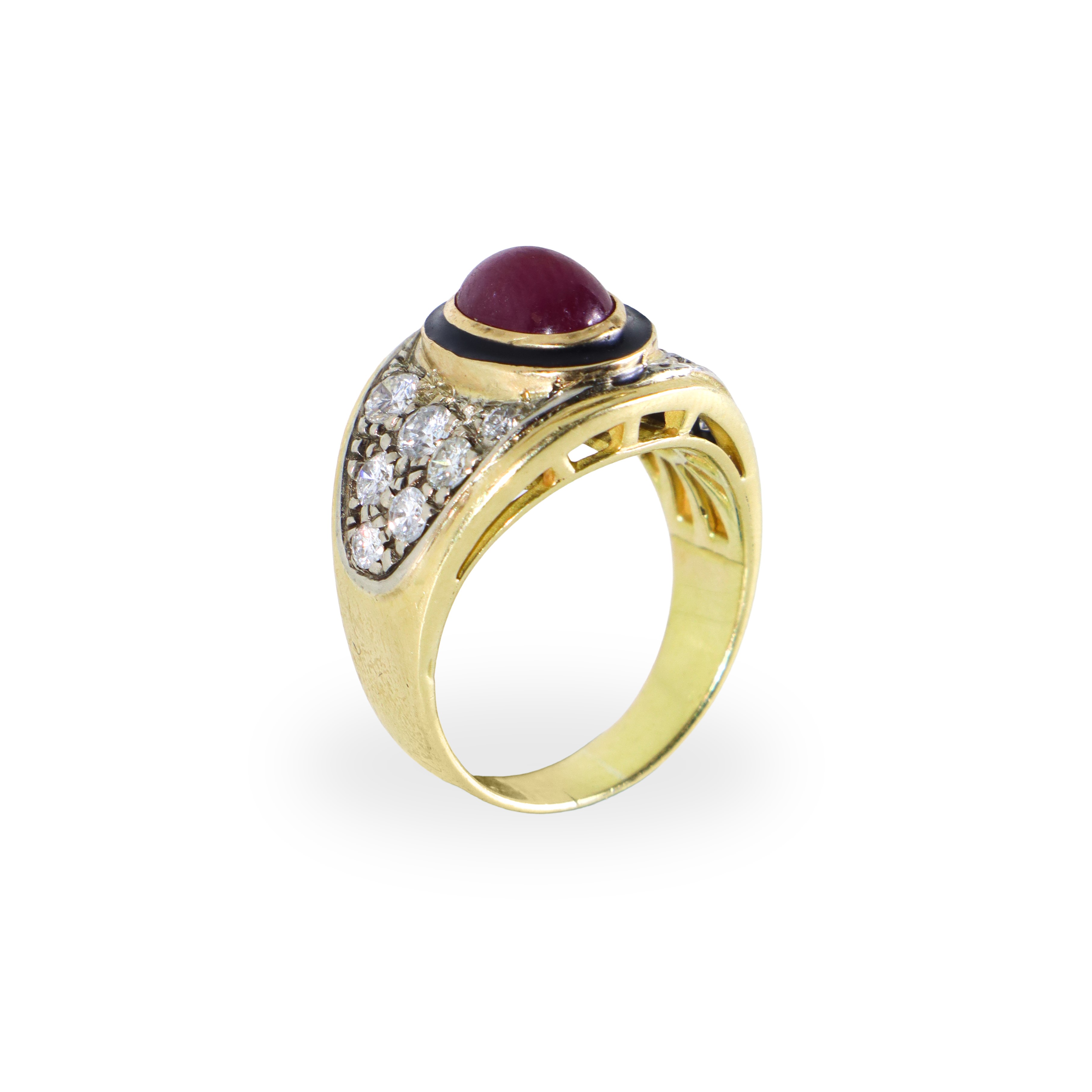 Anello a fascia in oro giallo 750 con pavè di brillanti e rubino centrale