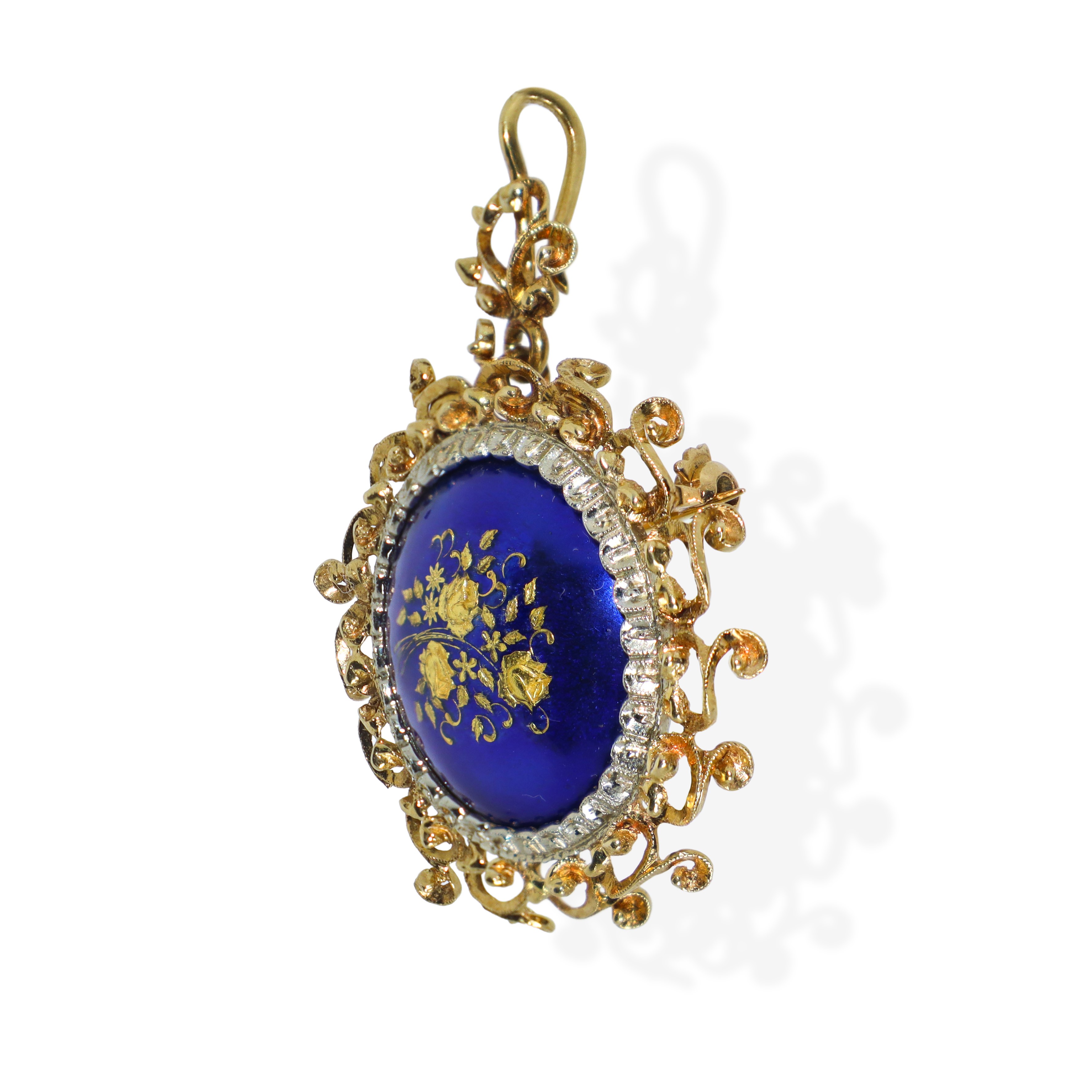Spilla/Pendentif in oro giallo 750 con smalto blu e decoro floreale al centro