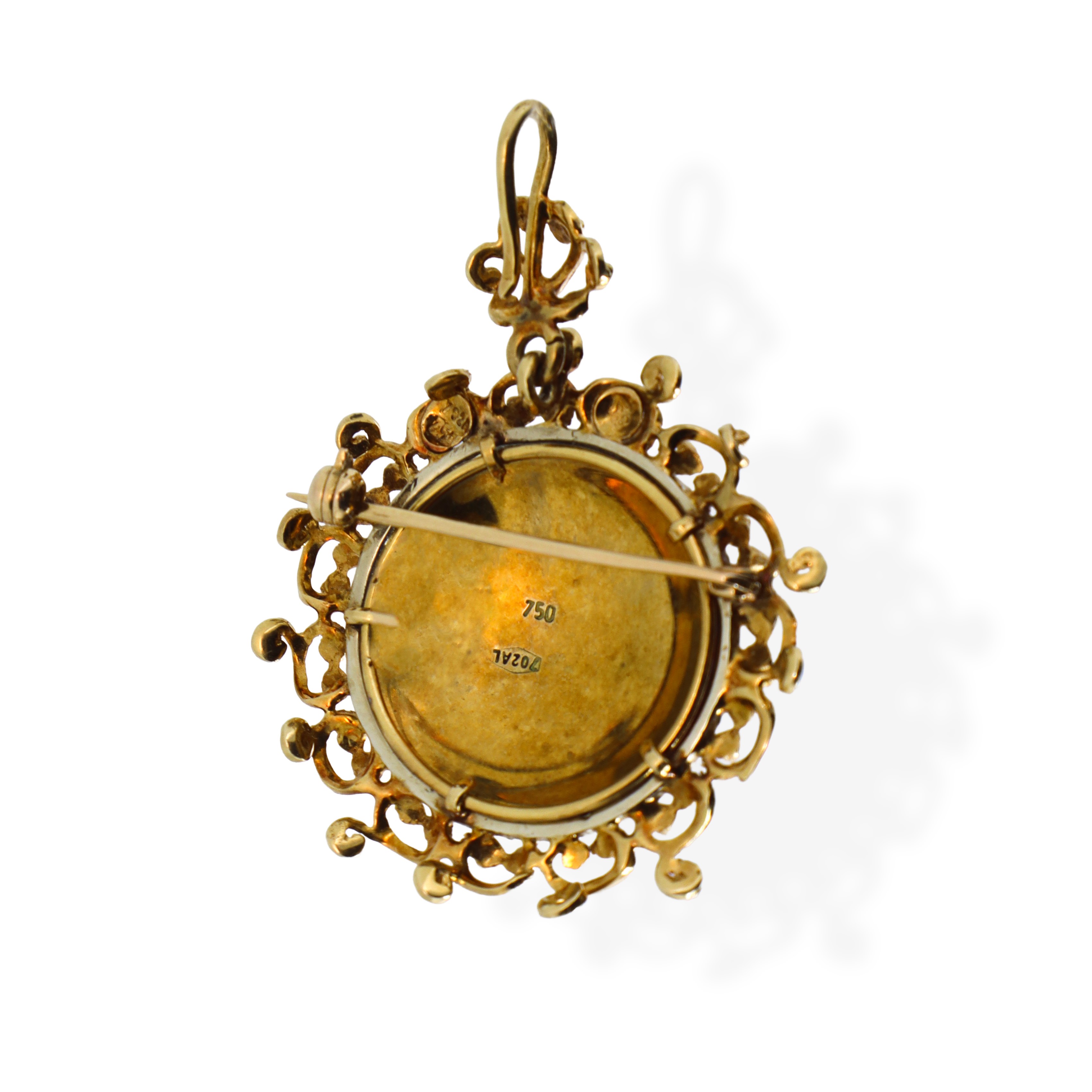 Spilla/Pendentif in oro giallo 750 con smalto blu e decoro floreale al centro