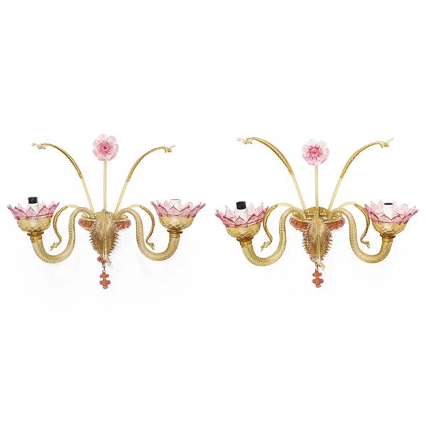 Pair of yellow Murano glass wall lamps with pink flowers