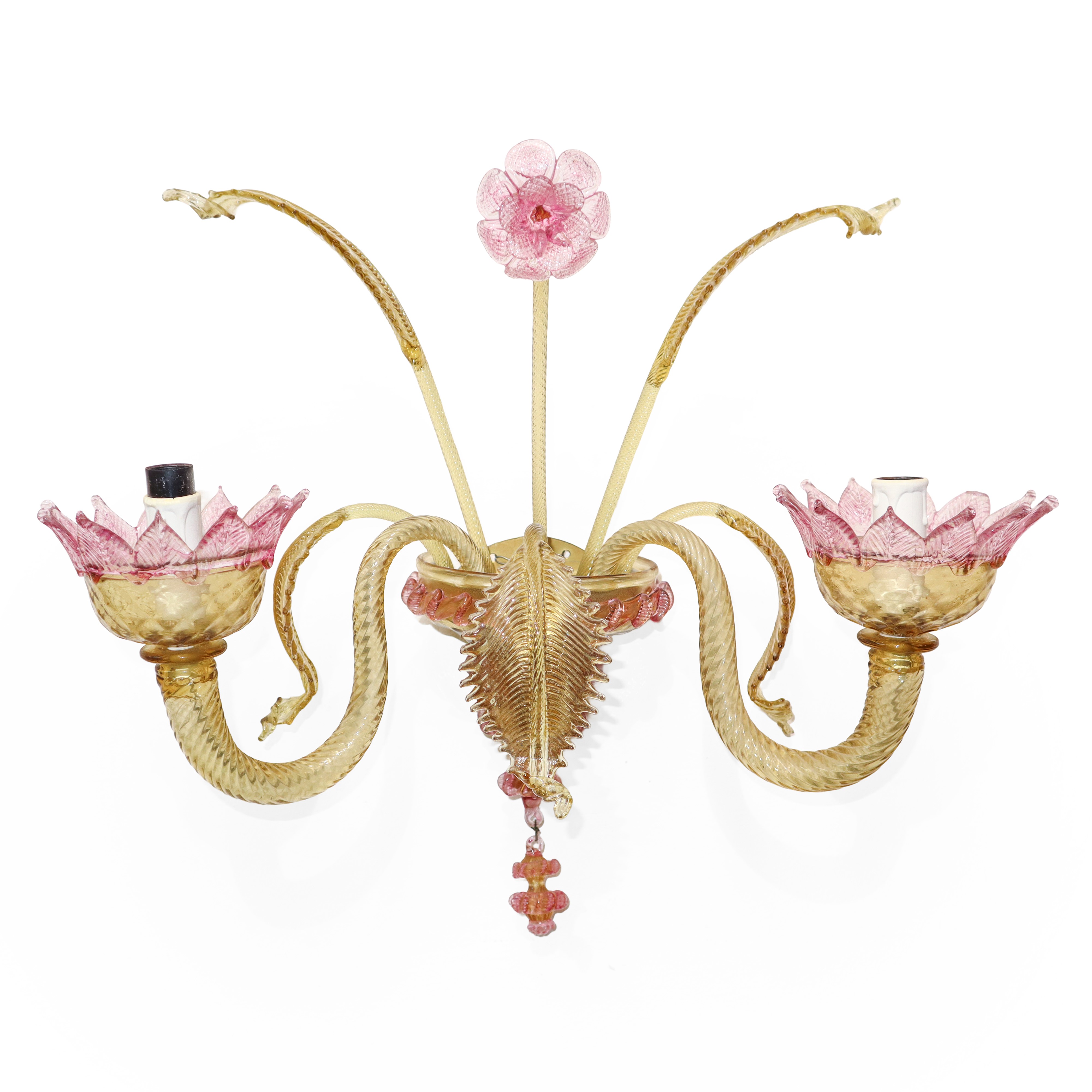 Coppia di appliques in vetro di Murano giallo con fiori rosa