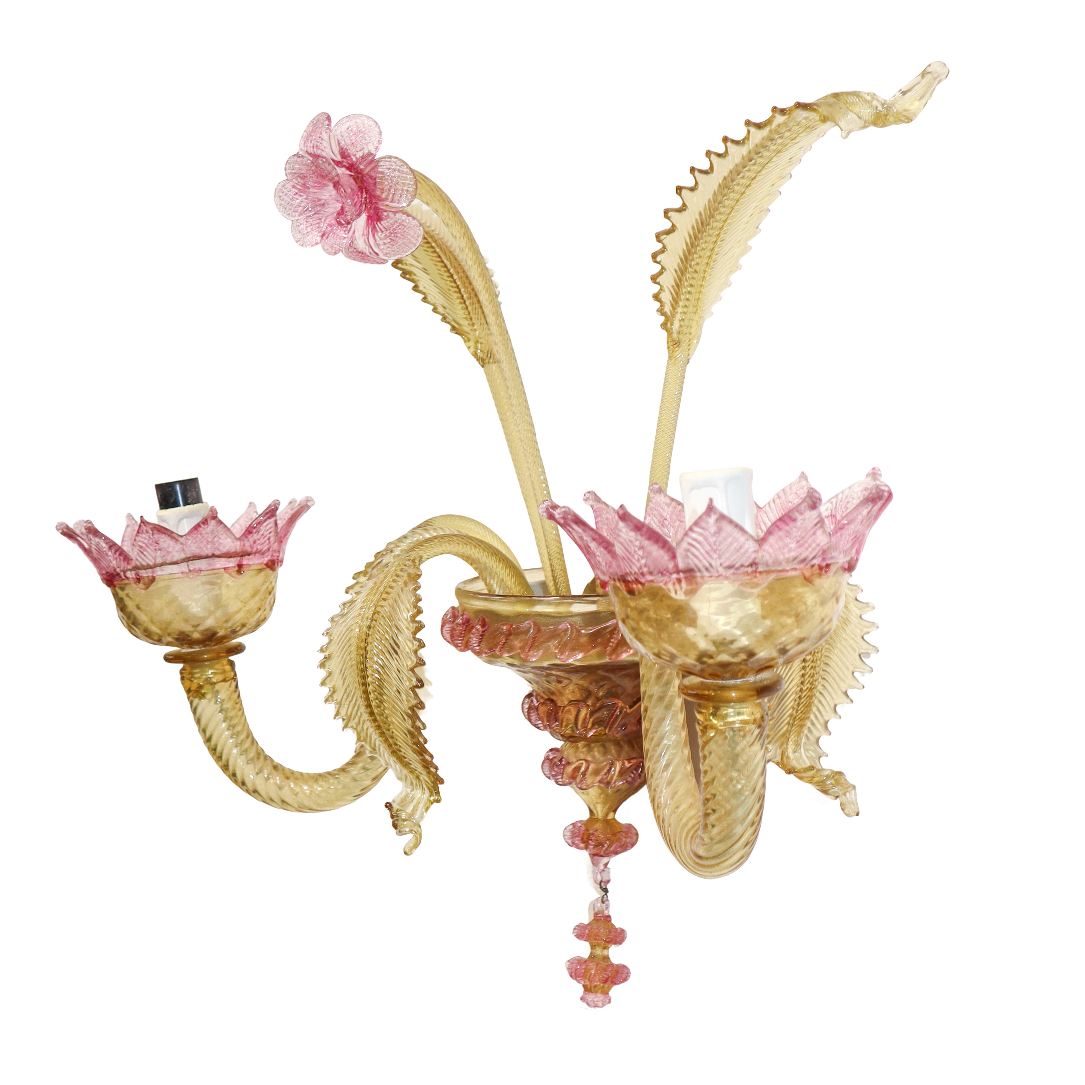 Coppia di appliques in vetro di Murano giallo con fiori rosa