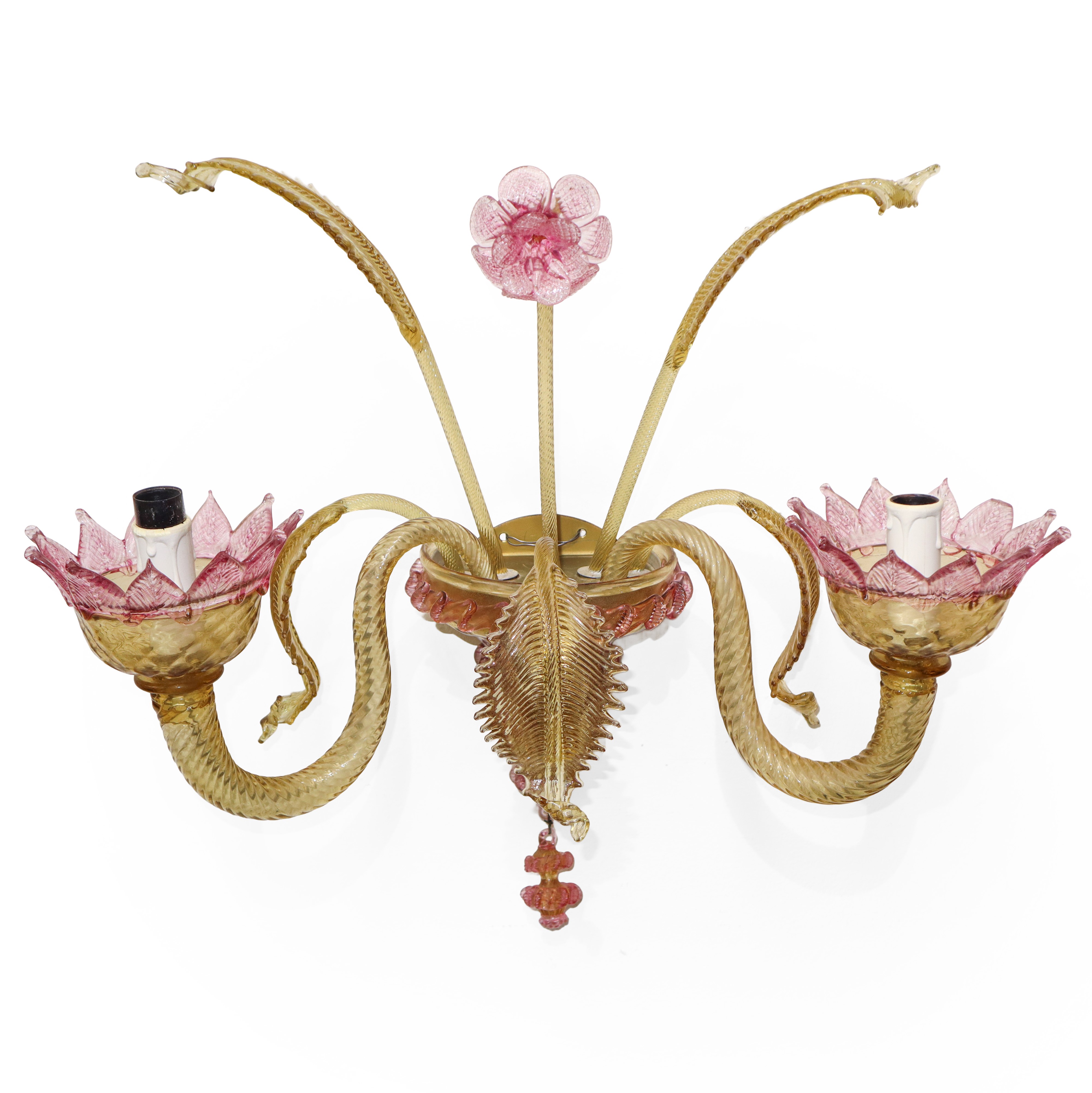 Coppia di appliques in vetro di Murano giallo con fiori rosa