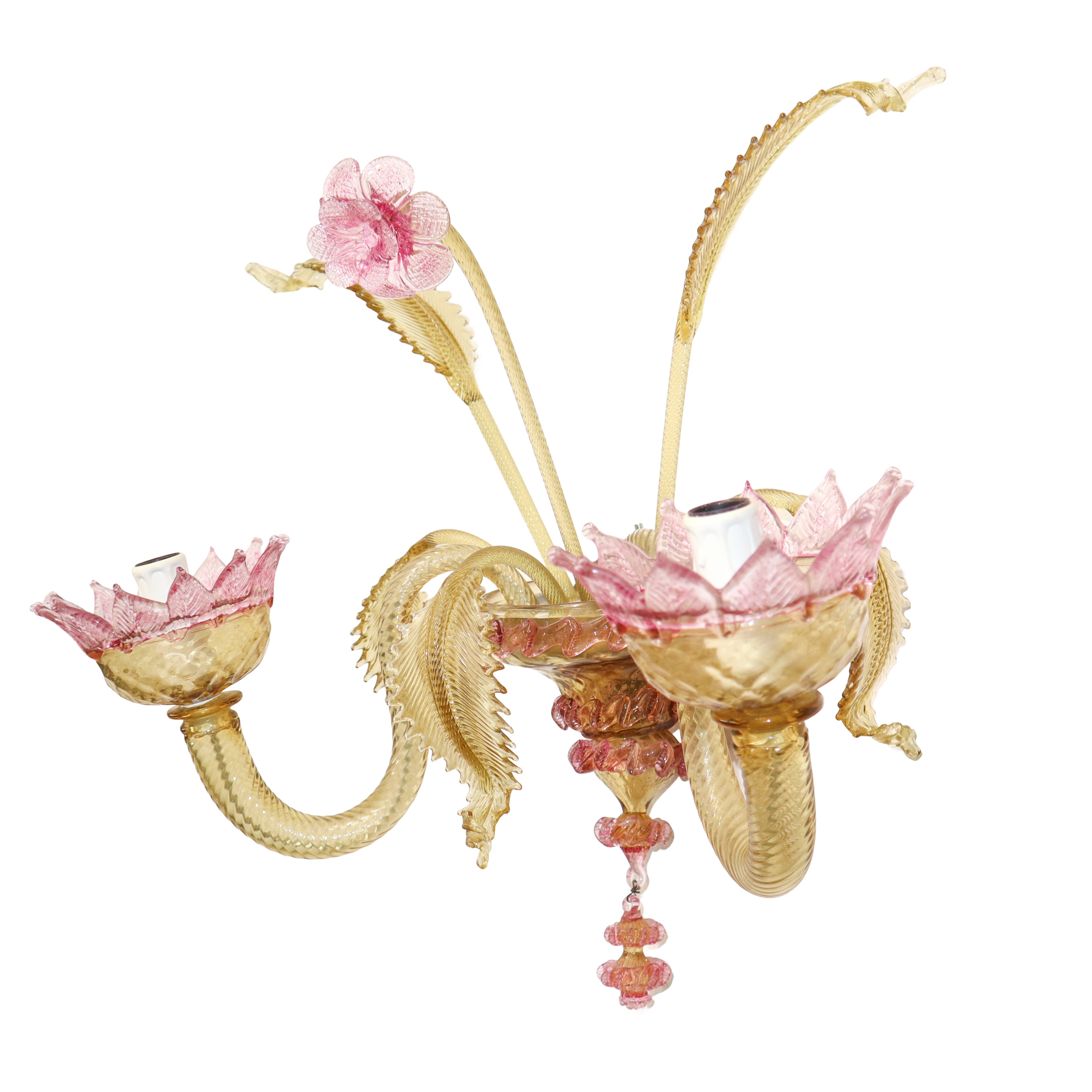 Coppia di appliques in vetro di Murano giallo con fiori rosa