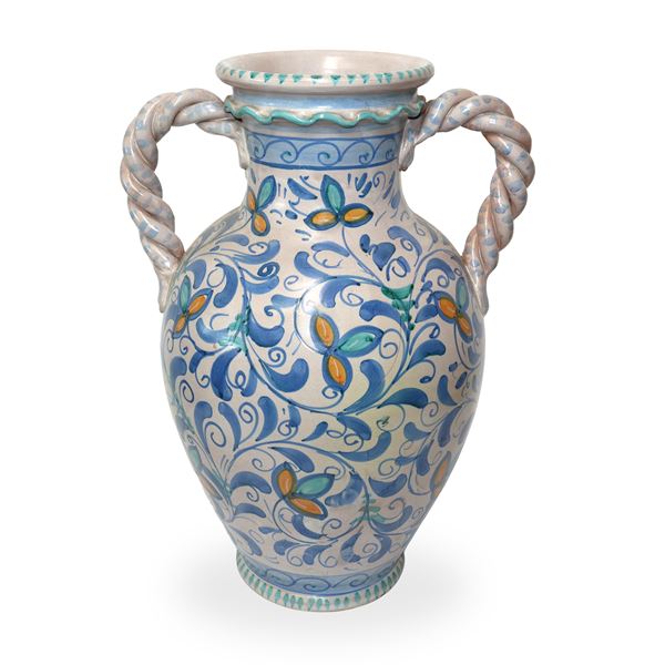 La Bottega Calatina  Caltagirone - Large two-handled vase in polychrome majolica from Caltagirone with torchon handles
