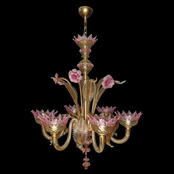 6-light straw yellow Murano glass chandelier with pink flowers