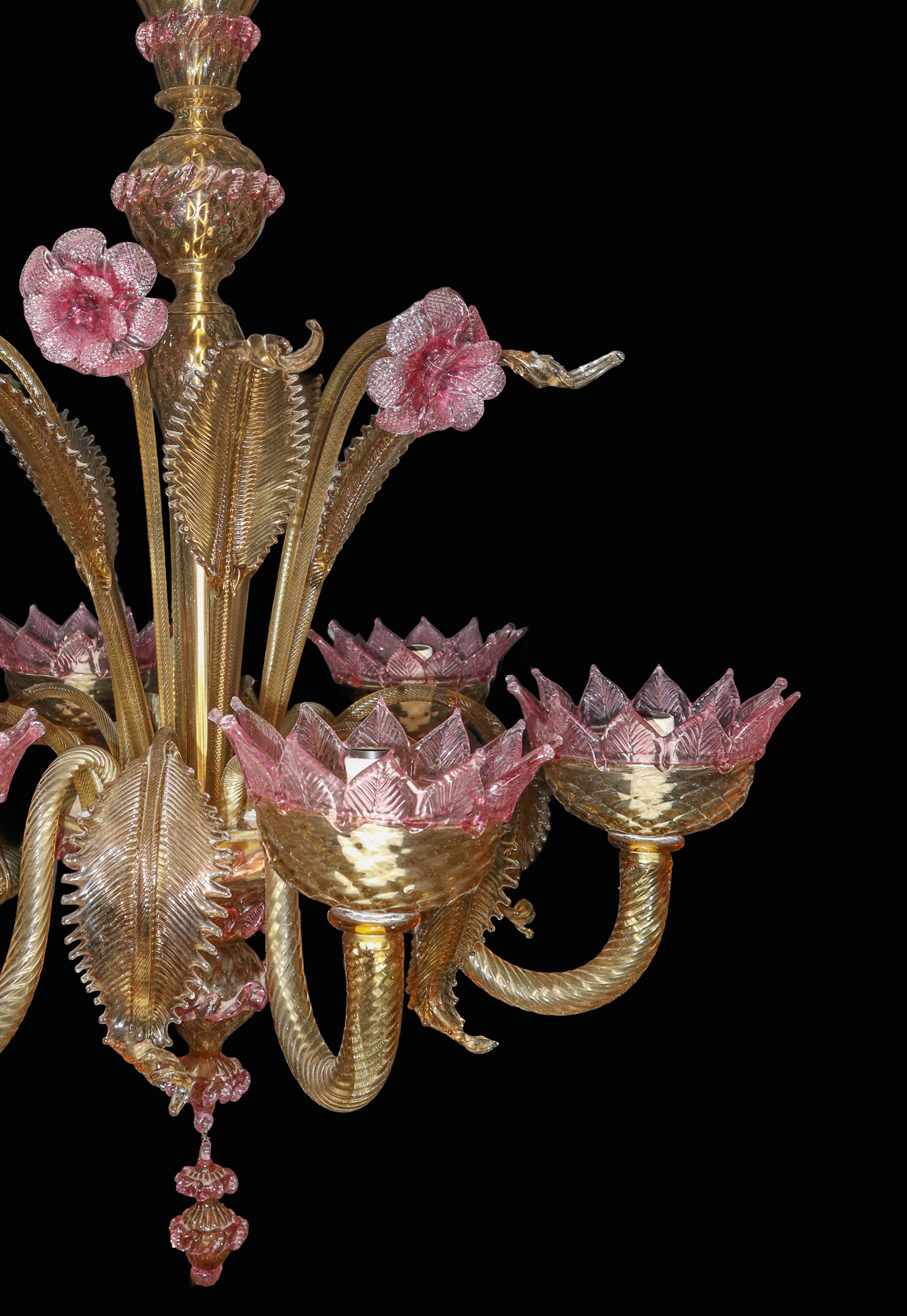 Lampadario in vetro di Murano a 6 luci giallo paglierino con fiori rosa