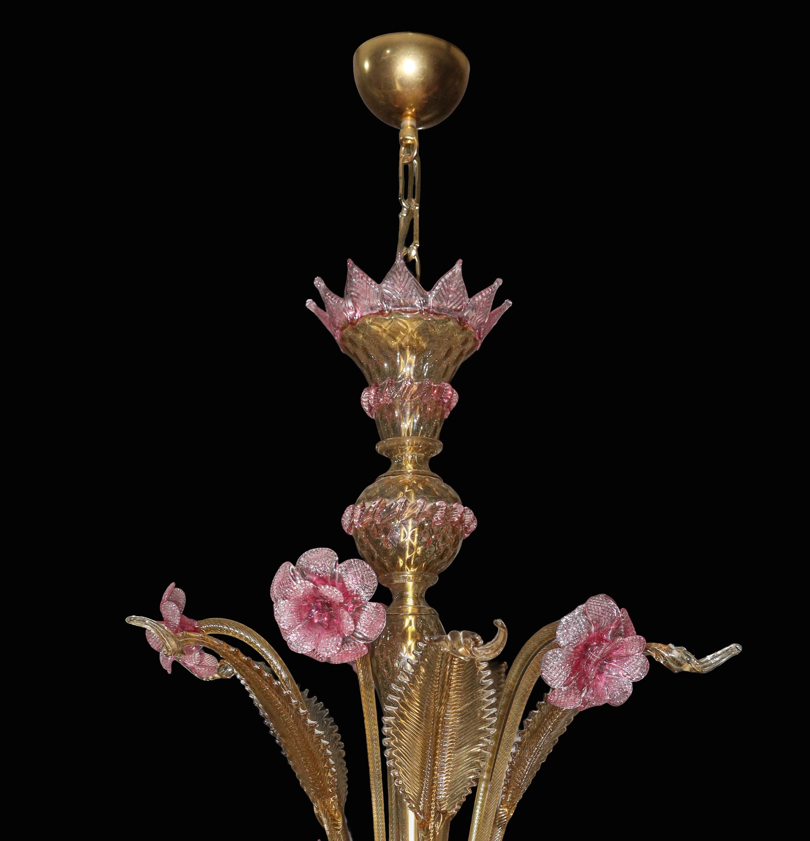 Lampadario in vetro di Murano a 6 luci giallo paglierino con fiori rosa