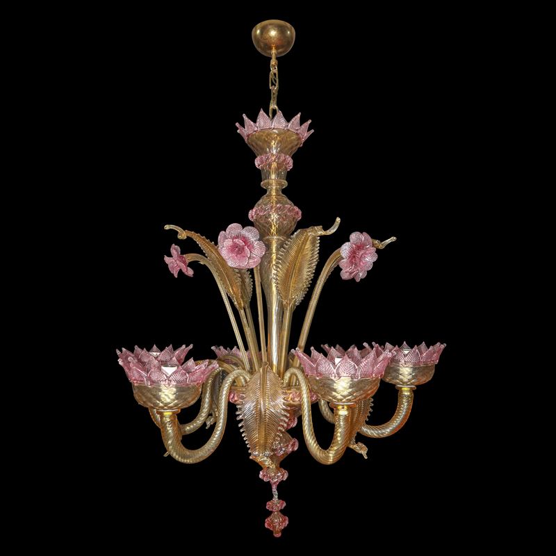 Lampadario in vetro di Murano a 6 luci giallo paglierino con fiori rosa