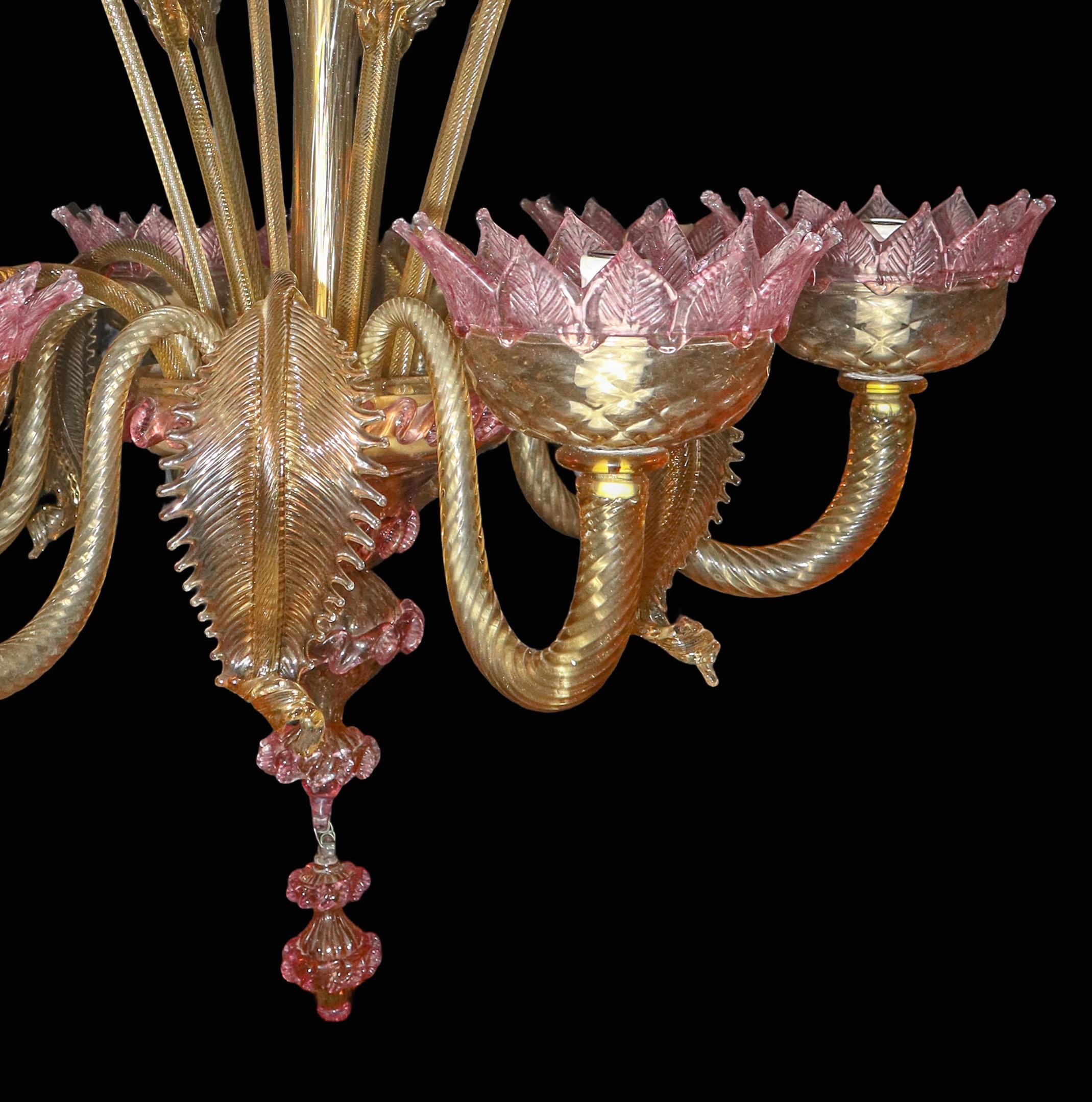 Lampadario in vetro di Murano a 6 luci giallo paglierino con fiori rosa