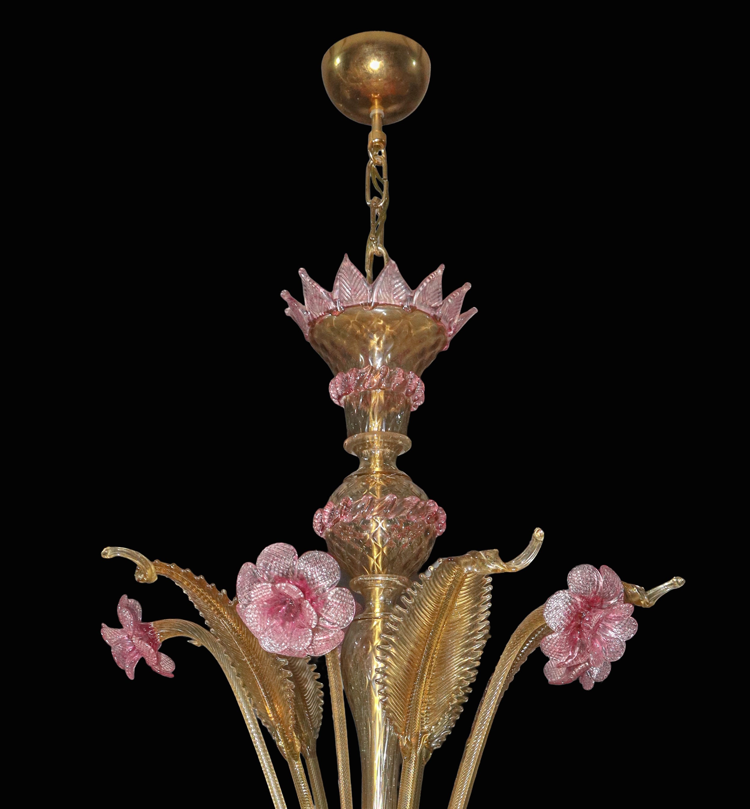 Lampadario in vetro di Murano a 6 luci giallo paglierino con fiori rosa
