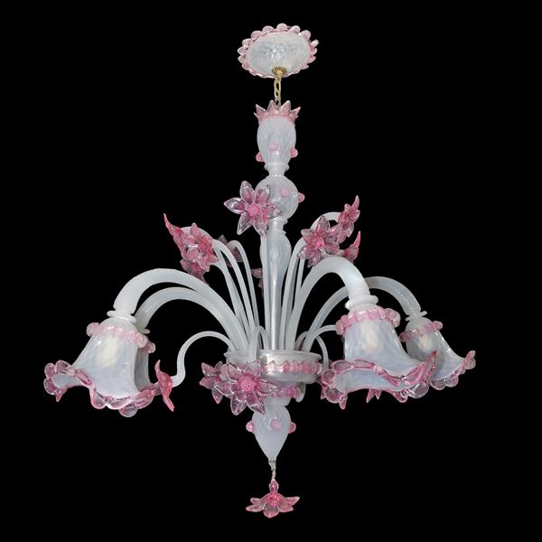 White Murano glass chandelier with pink details and flowers