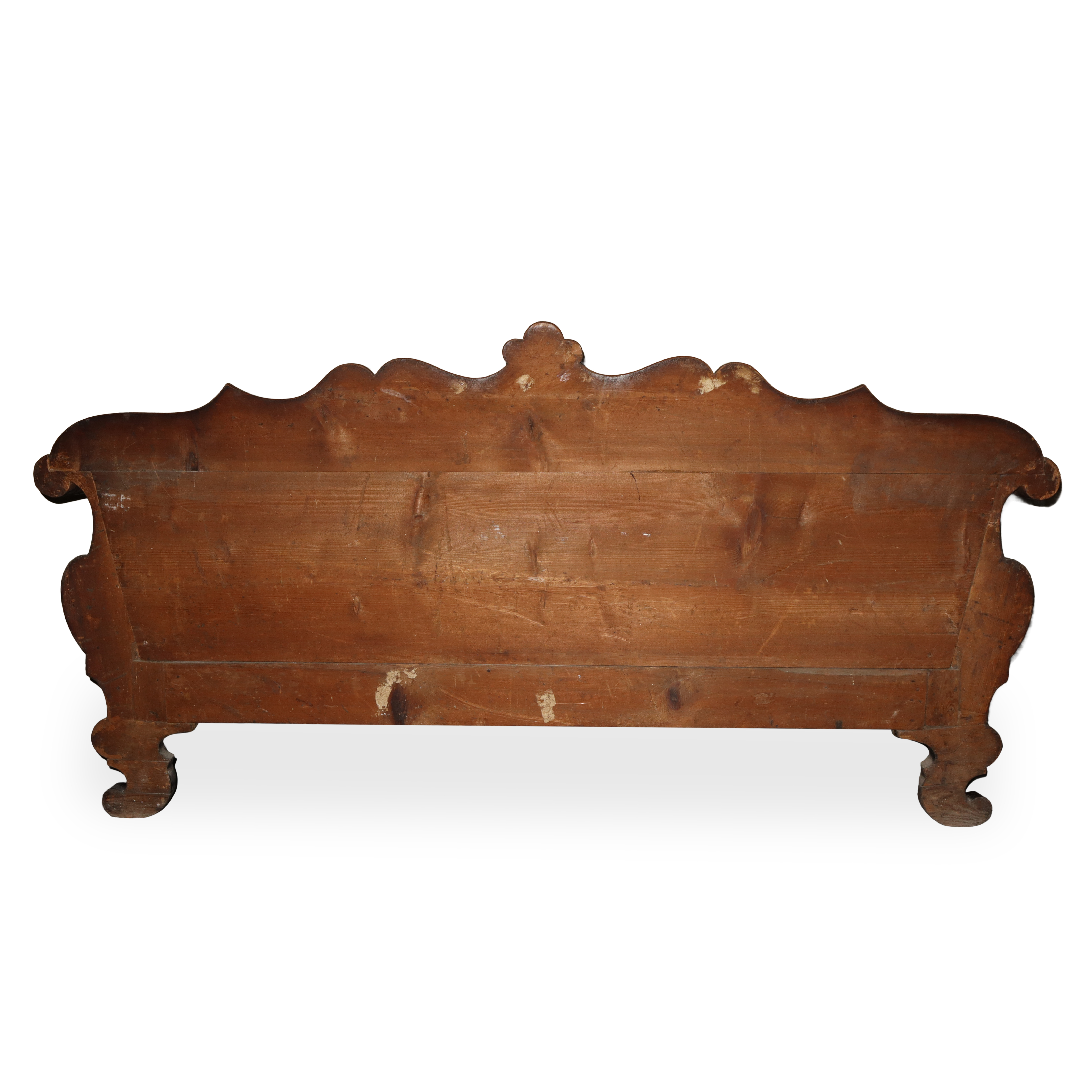 Divano con struttura in legno di mogano scatolato con tappezzeria bordeaux e dorata