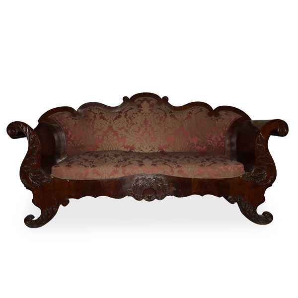 Sofa with boxed mahogany wood frame with burgundy and gold upholstery