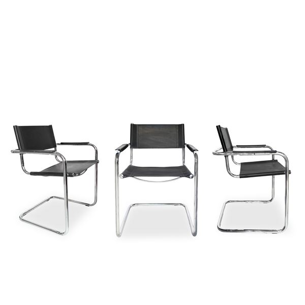 No. 3 Armchairs with chromed metal frame and black leather upper