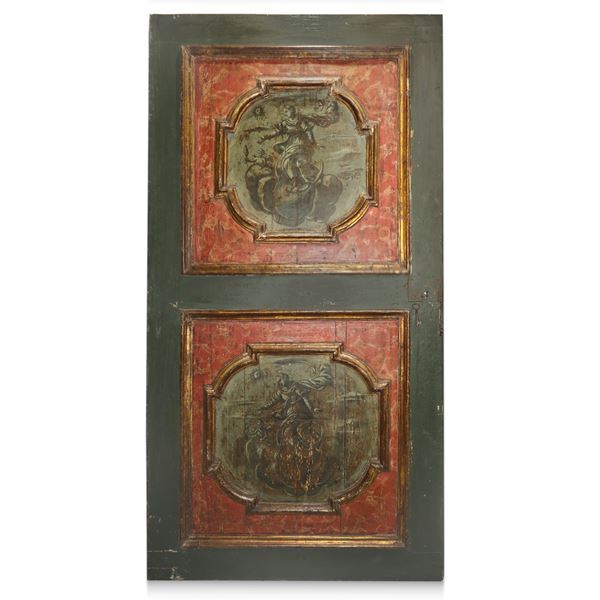 Door Lacquered, gilded and painted with paintings within polygonal inlays on the front and back, both sides with grisaille paintings 