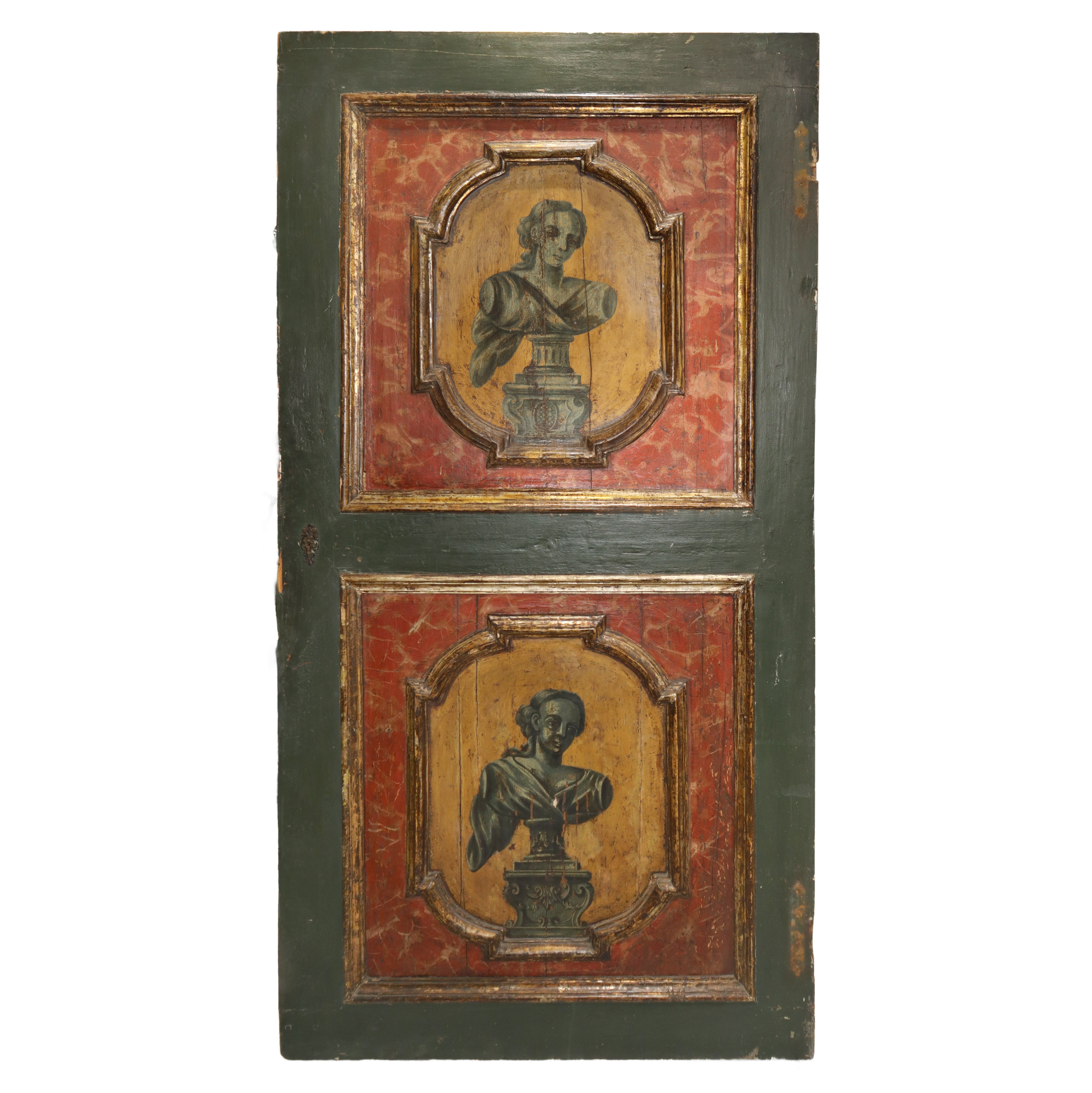 Anta Porta laccata, dorata e dipinta con pitture entro tarsie poligonali al fronte ed al retro am...