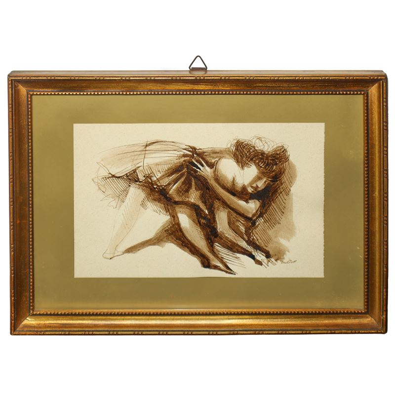 Autore ignoto, Donna distesa – Disegno ad inchiostro bruno