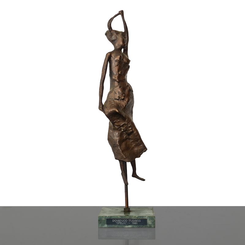 Domenico Tudisco - Ofelia, Scultura in Bronzo Patinato Bruno su Base in Marmo
