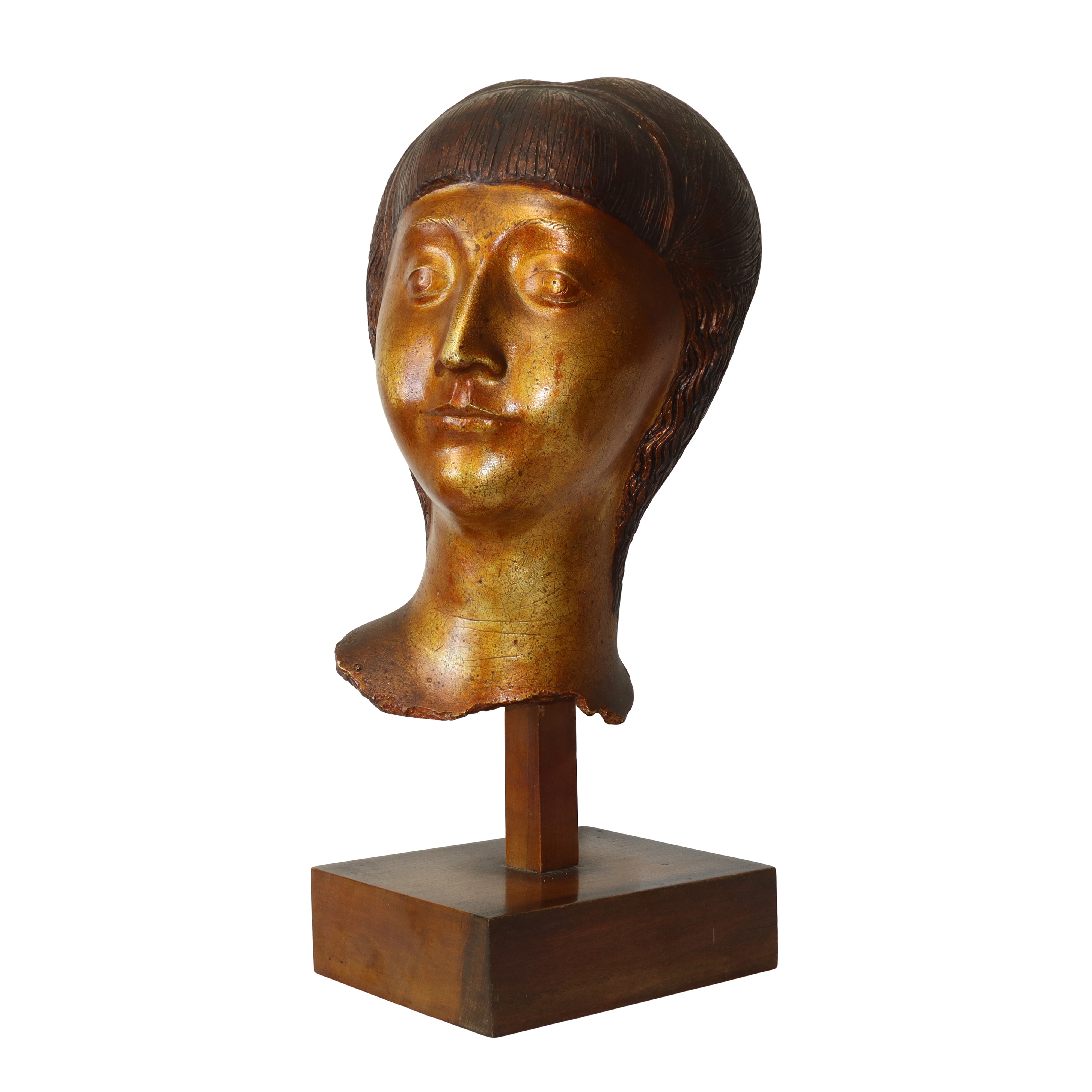 Volto di donna, scultura in gesso patinata oro, con base in legno