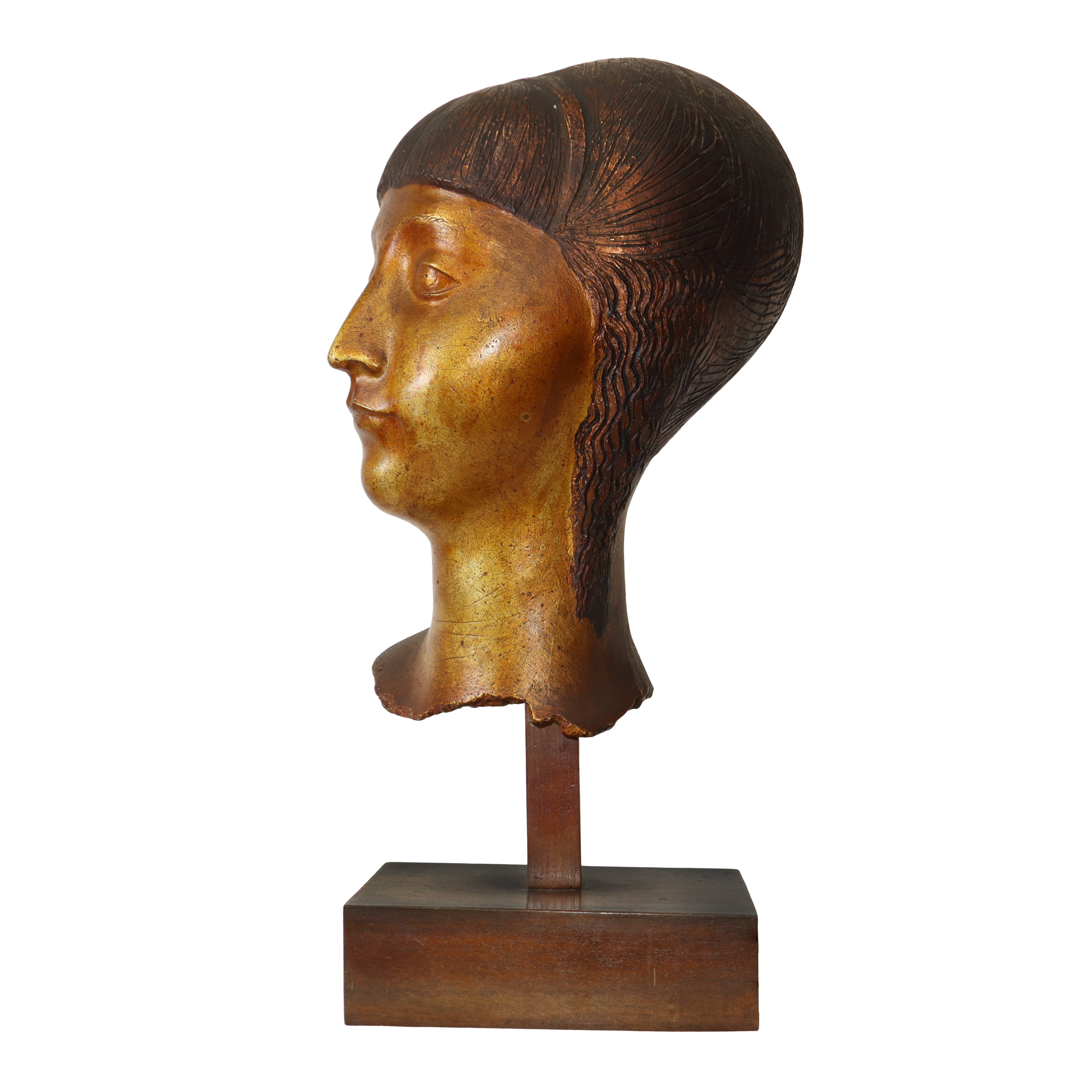 Volto di donna, scultura in gesso patinata oro, con base in legno