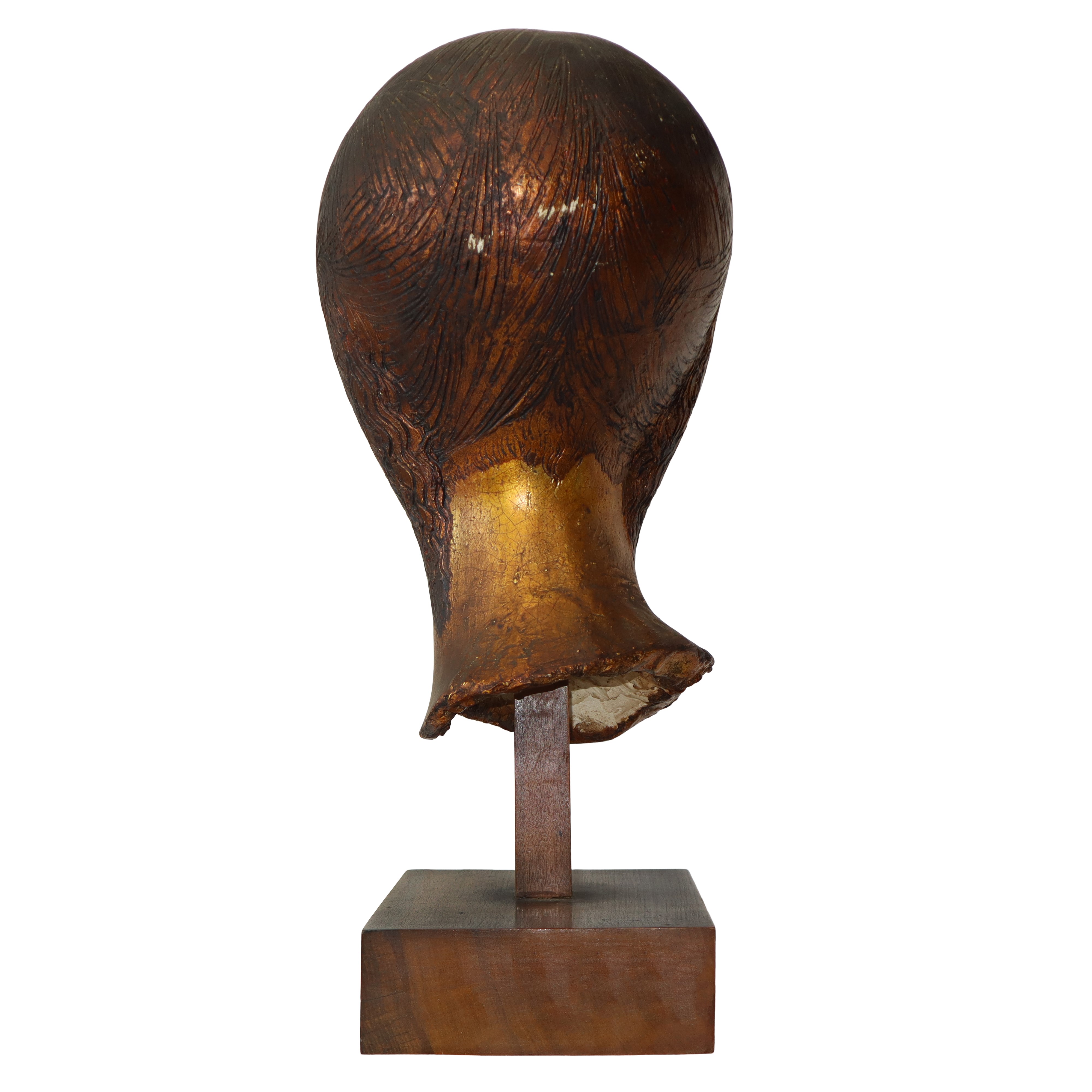 Volto di donna, scultura in gesso patinata oro, con base in legno