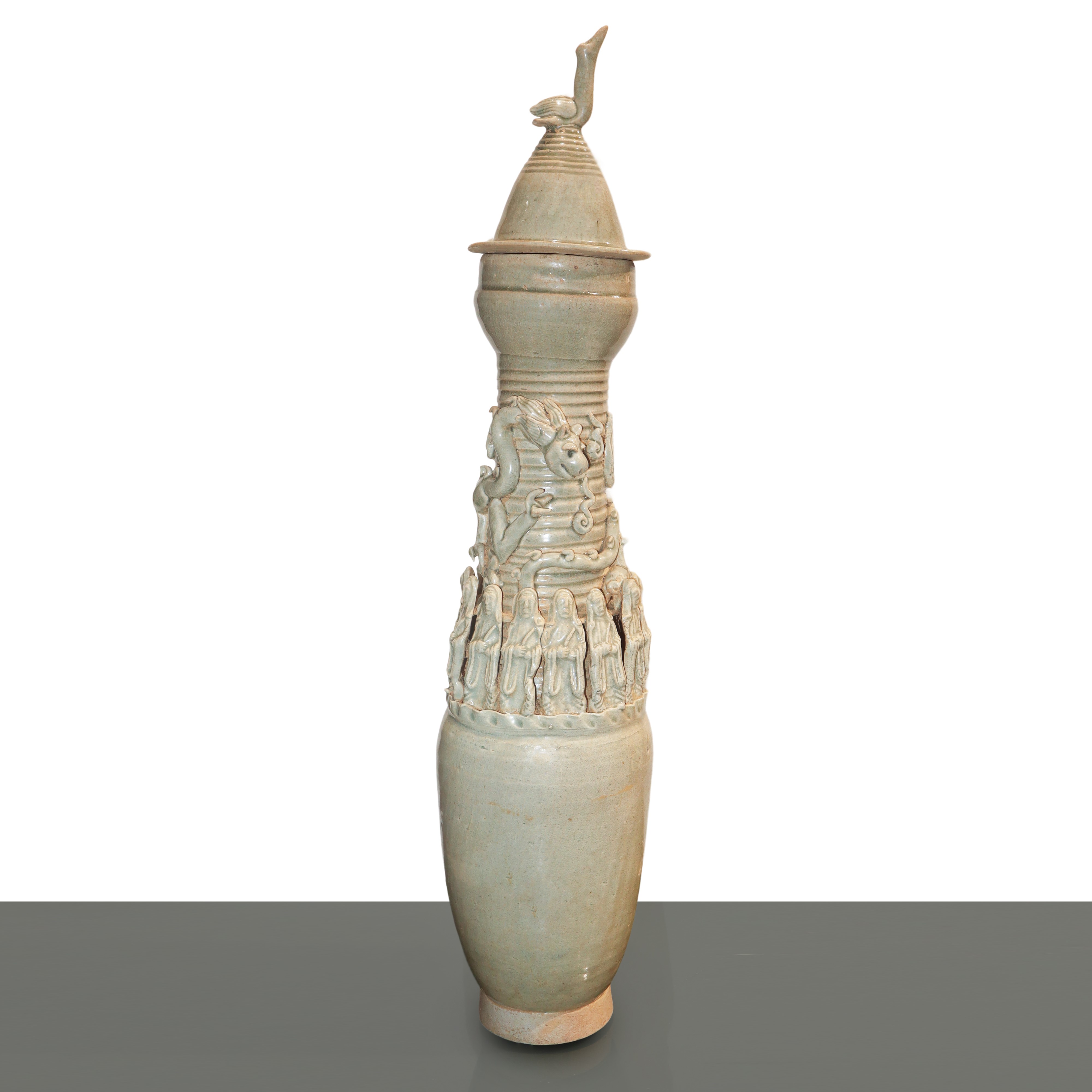 Coppia di vasi poutiche con dragoni e personaggi, in ceramica dipinta bianca. Dinastia Song