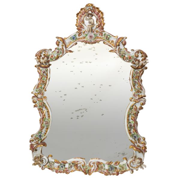Capodimonte - Capodimonte porcelain mirror with cherubs and embossed floral motifs