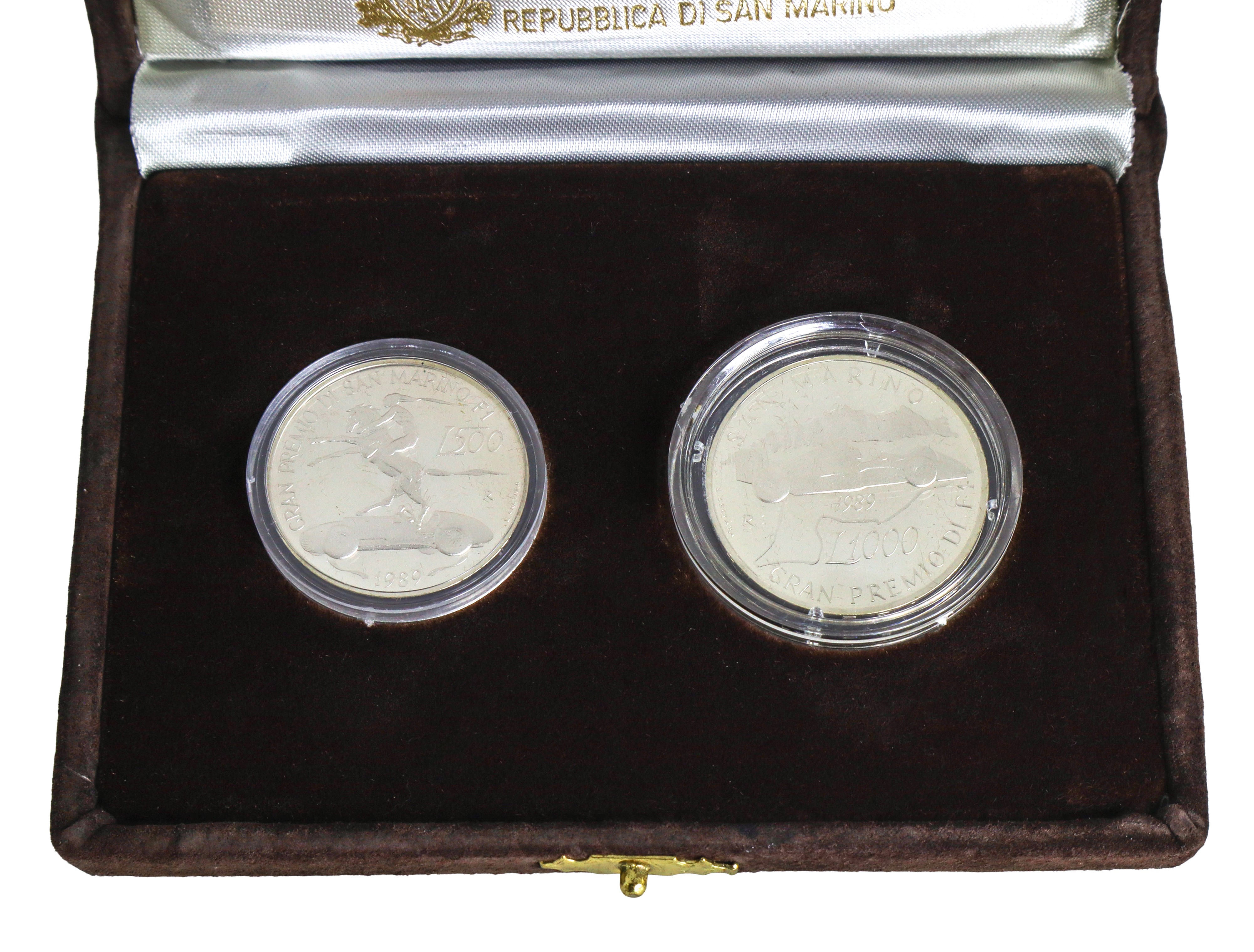 Dittico di monete d'argento a corso legale celebrative del Gran Premio San Marino di Formula Uno