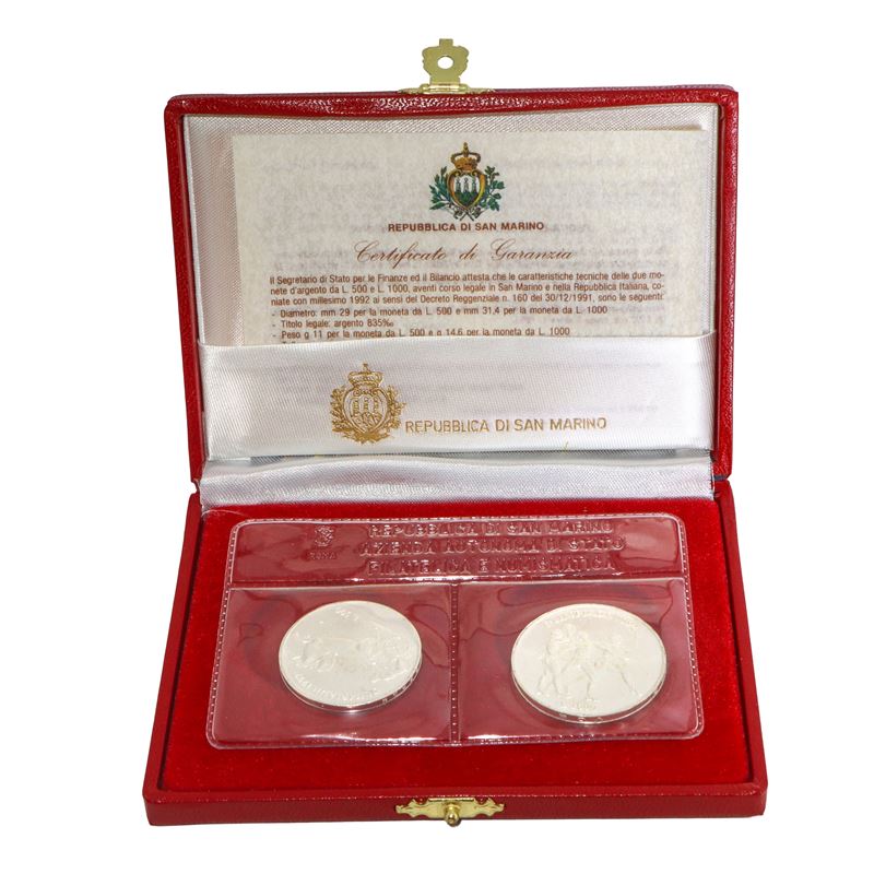 Dittico di monete d'argento a corso legale celebrative della XXV Olimpiade