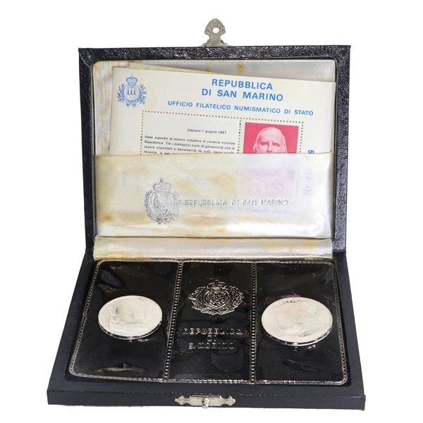 Diptych of legal tender silver coins commemorating the 1st centenary of the death of Giuseppe Garibaldi