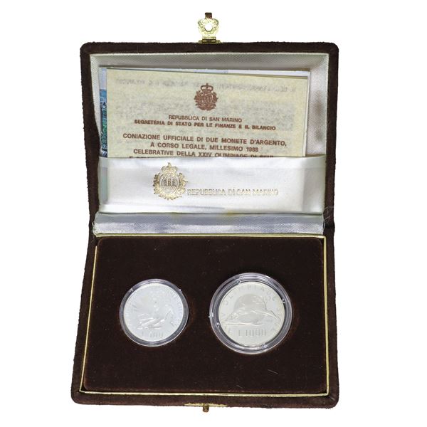 Diptych of silver coins commemorating the XV Winter Olympics in Calgary and the XXIV Olympiad in Seoul