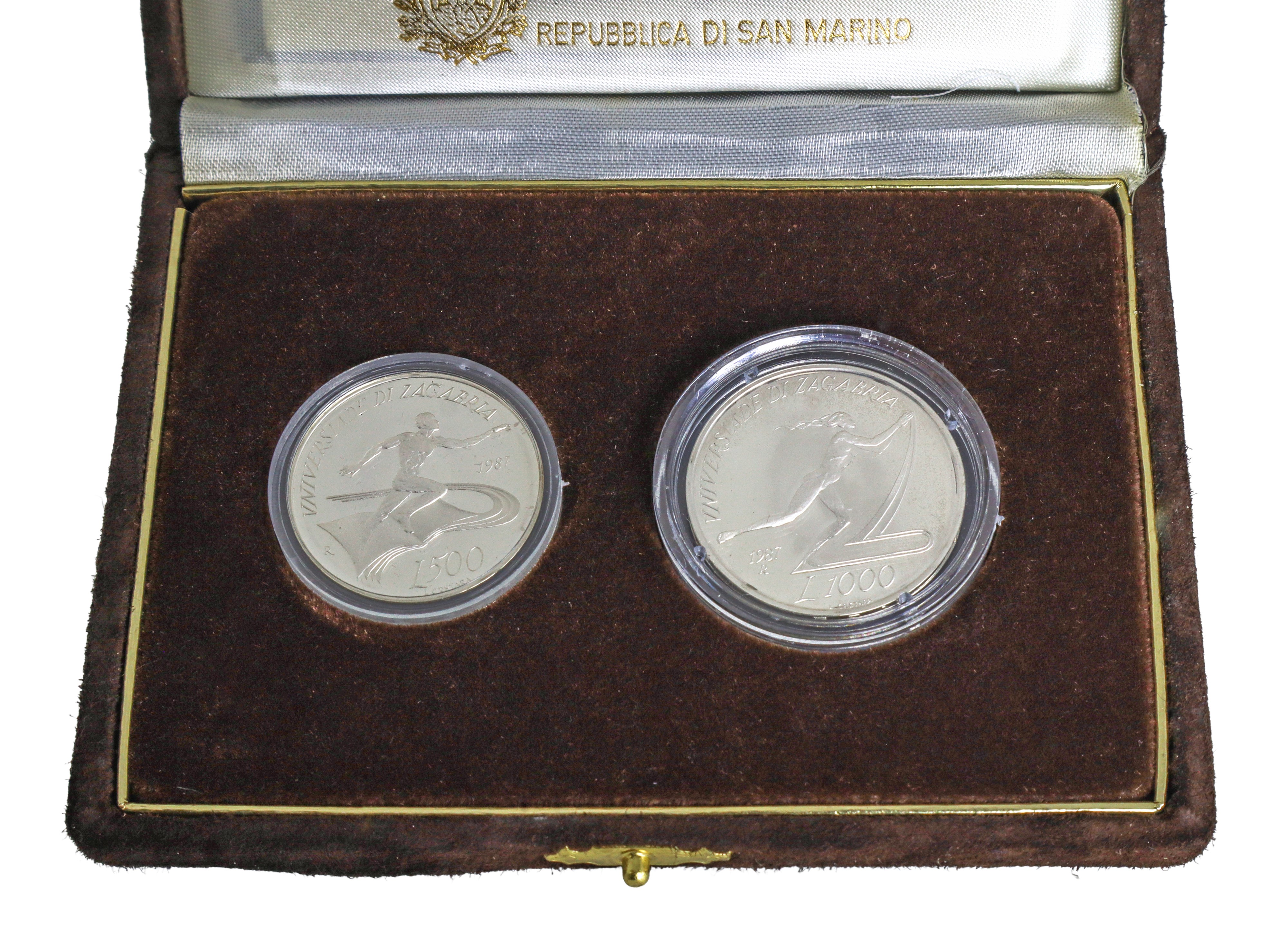 Dittico di monete d'argento a corso legale celebrative delle Universiadi di Zagabria