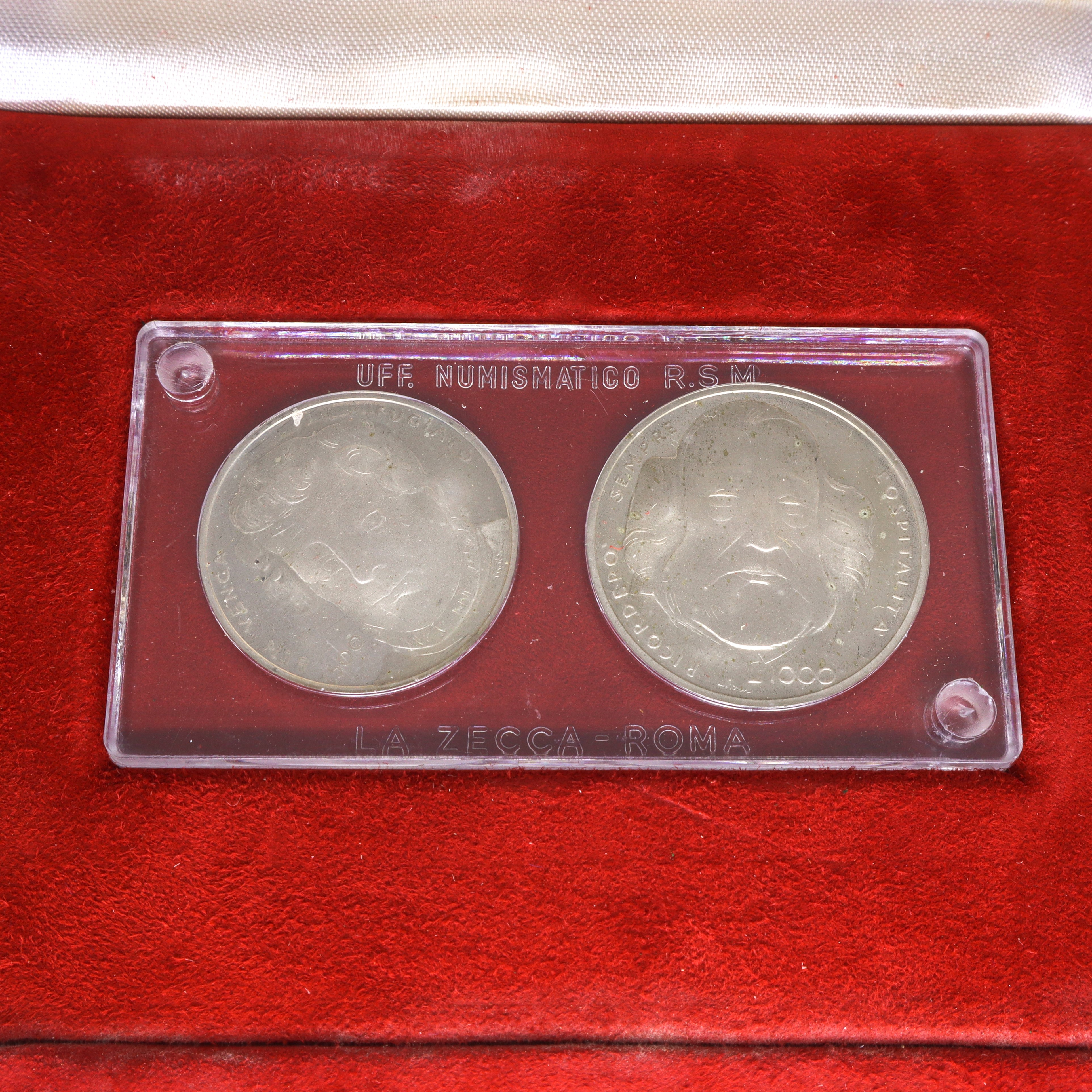 Dittico di monete d'argento a corso legale commemorative del 1° centenario della morte di Giusepp...