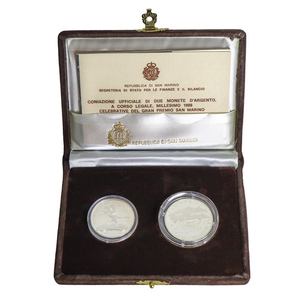 Diptych of legal tender silver coins commemorating the San Marino Formula One Grand Prix