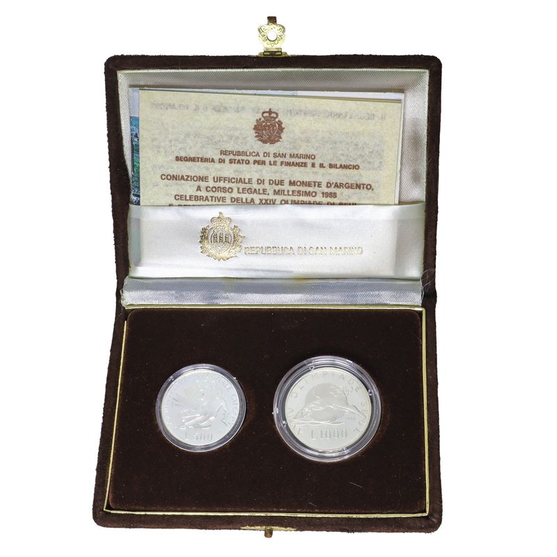 Dittico di monete d'argento a corso legale celebrative della XV Olimpiade invernale di Calgary e ...