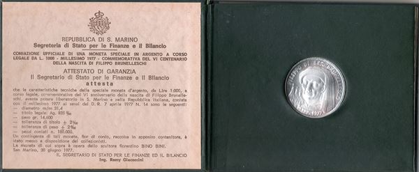 Official minting of a special legal tender silver coin of L.1000 Millesimo 1977 commemorating the sixth centenary of the birth of Filippo Brunelleschi
